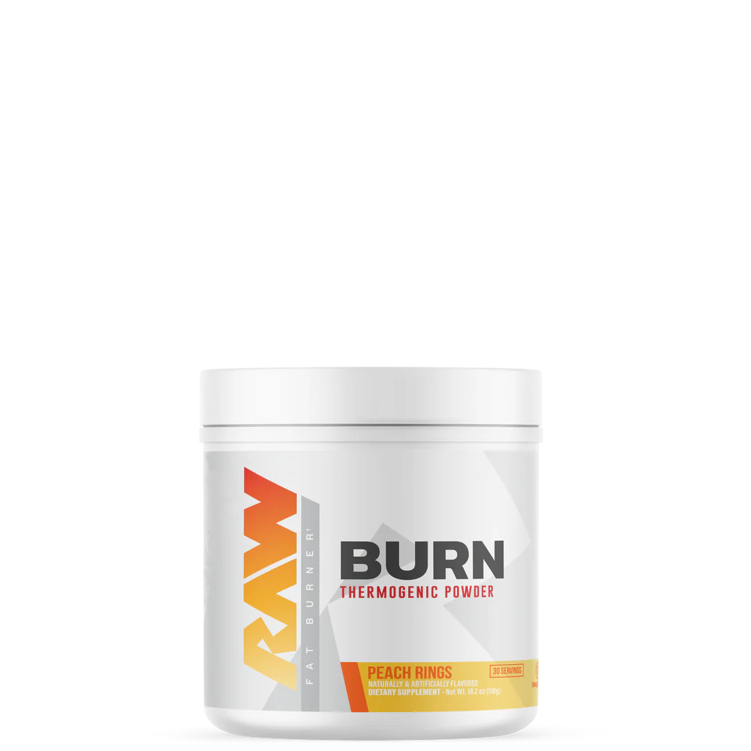 A container of BURN thermogenic formula, which is a supplement designed to increase metabolism and fat burning.