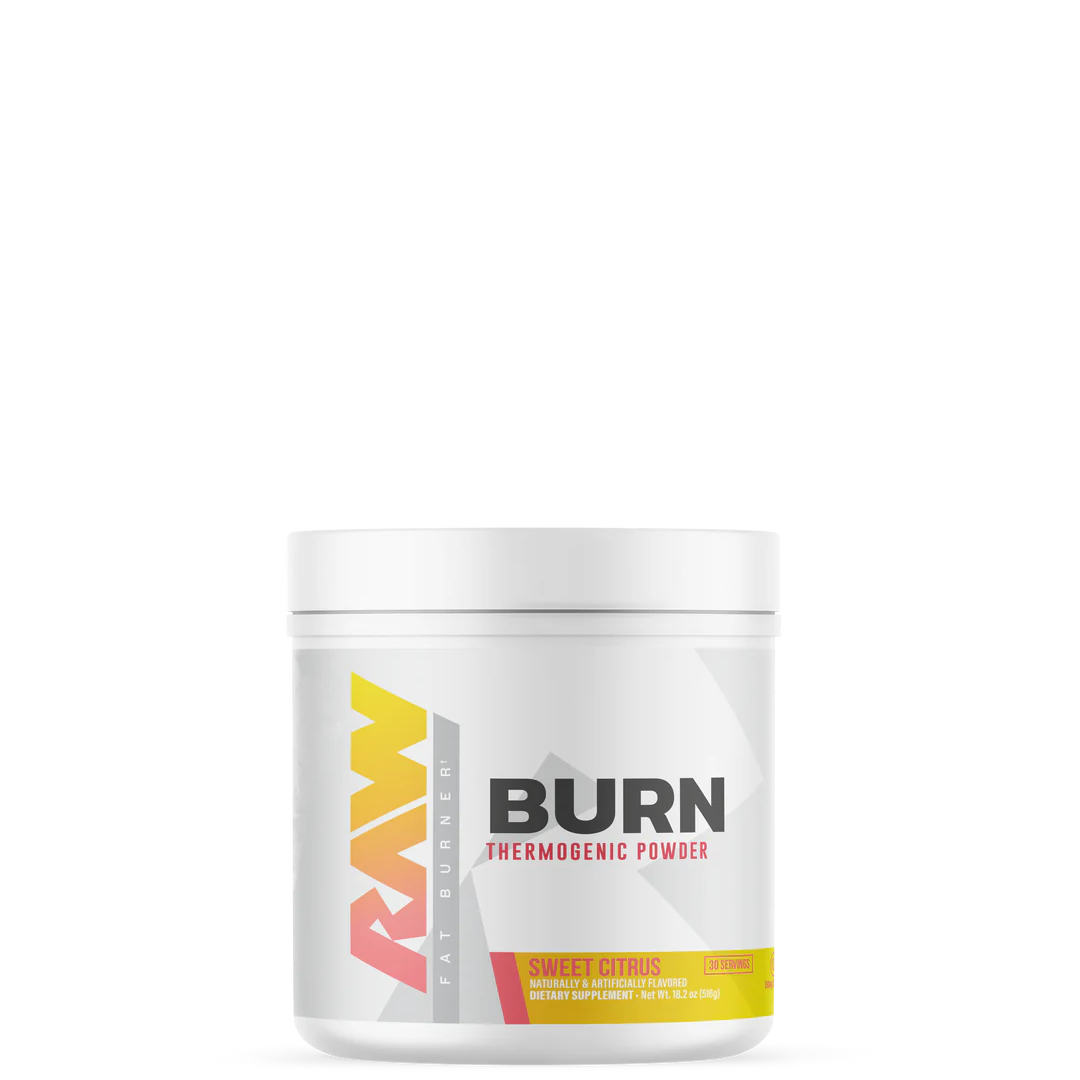 A container of BURN thermogenic formula, which is a supplement designed to increase metabolism and fat burning.