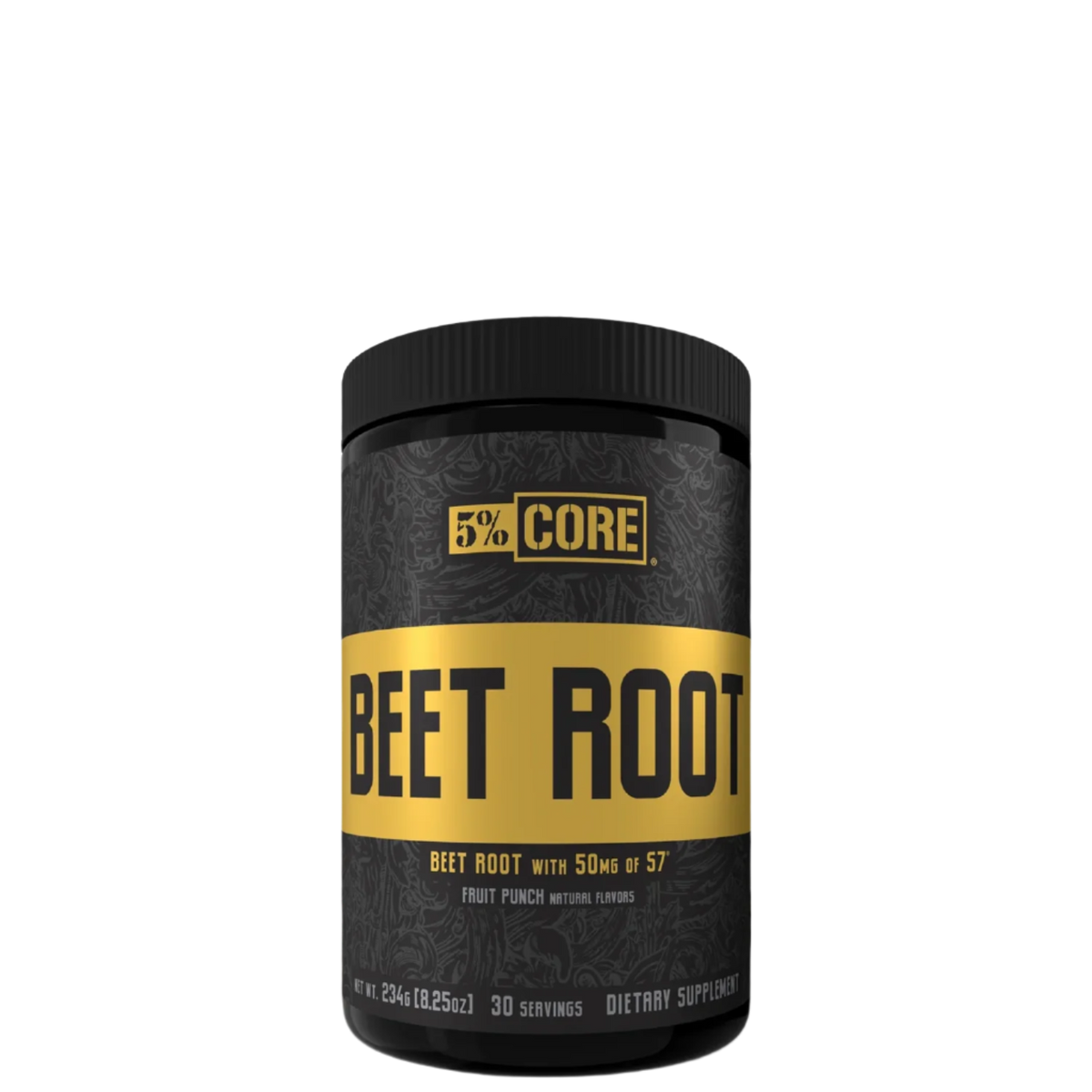 A container of 5% Nutrition Beet Root powder in Fruit Punch flavor.