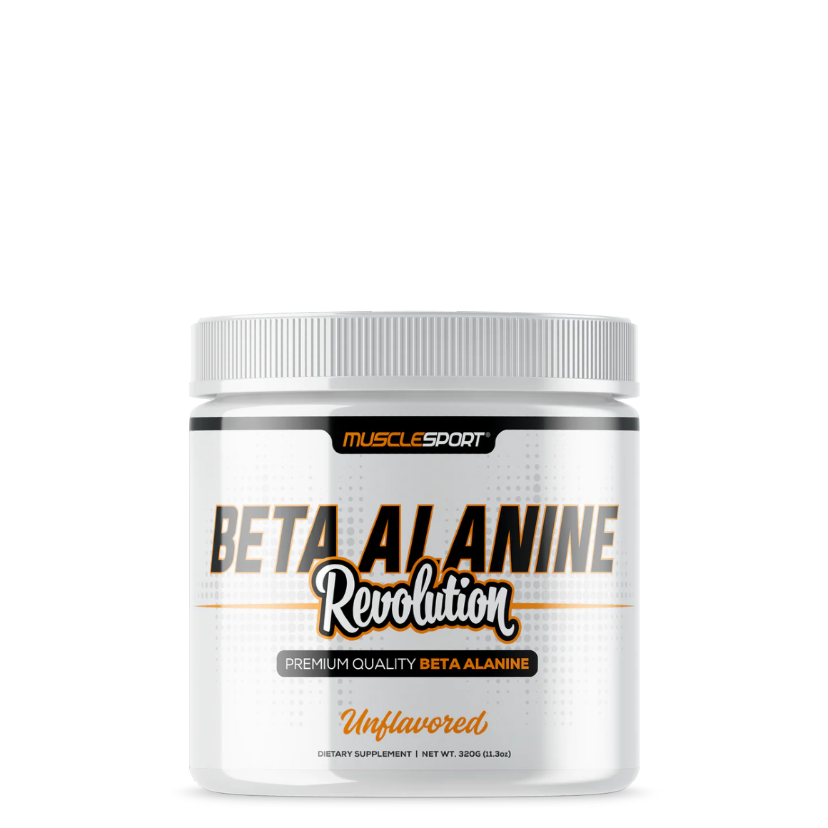 A container of MuscleSport Beta Alanine Revolution, which is a white powder in an unpigmented container, labeled for enhancing endurance and performance.