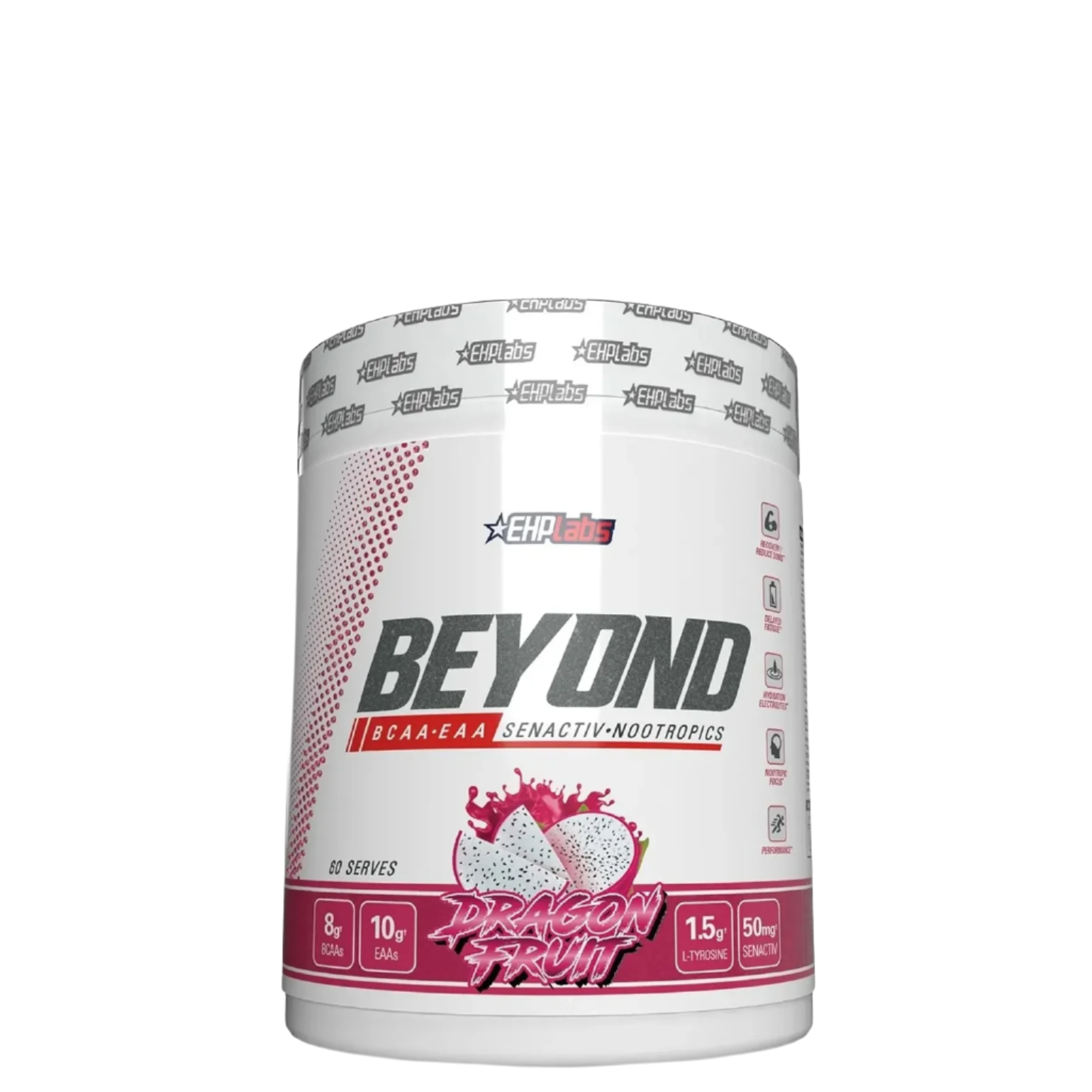 A container of Beyond BCAA+EAA Intra-Workout supplement in Raspberry Refuel flavor.