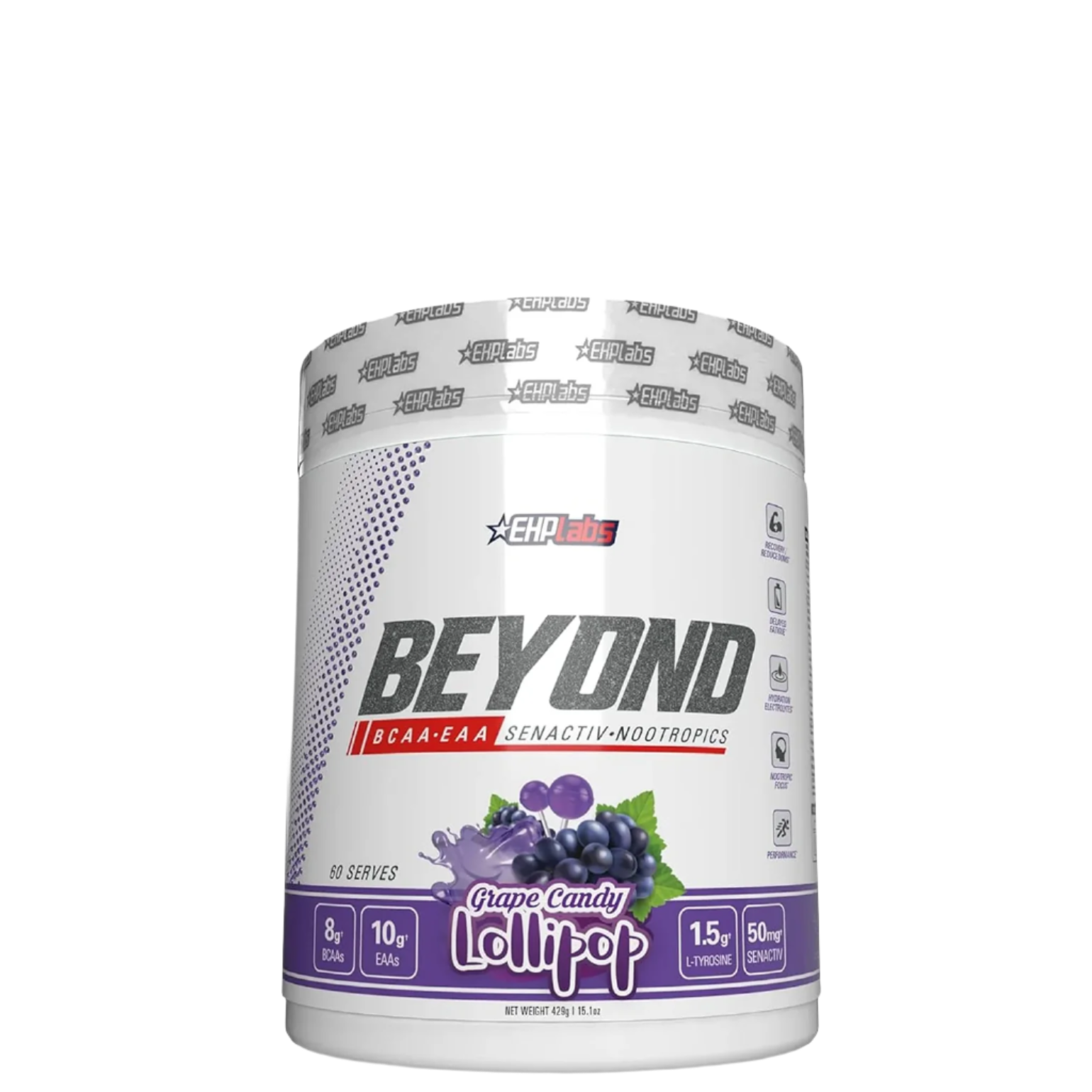 A container of Beyond BCAA+EAA Intra-Workout supplement in Raspberry Refuel flavor.