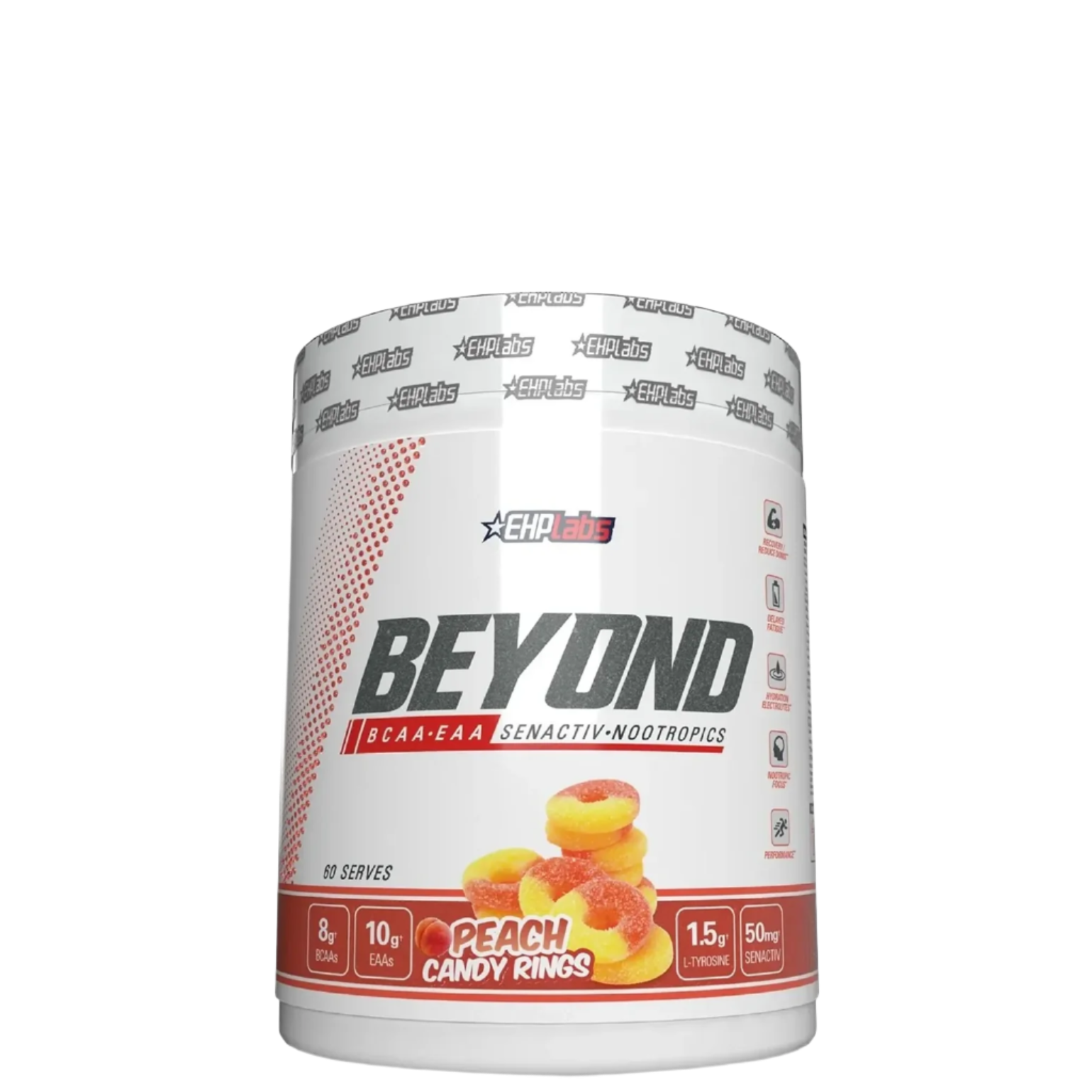 A container of Beyond BCAA+EAA Intra-Workout supplement in Raspberry Refuel flavor.
