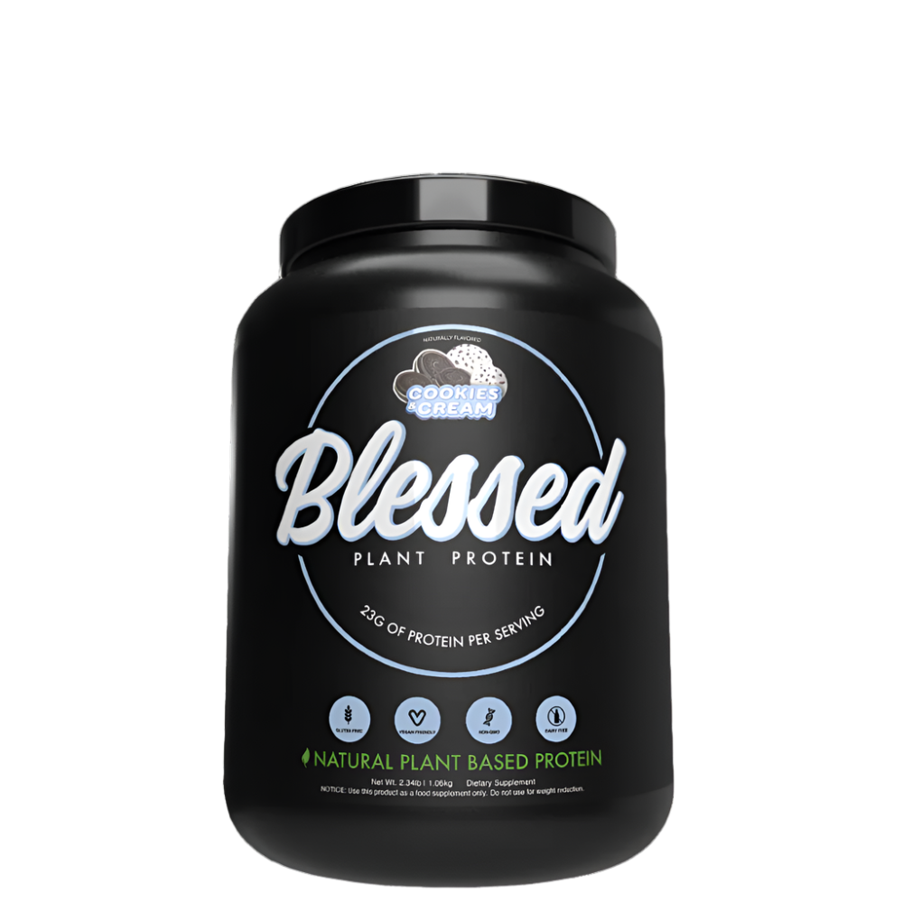 A black plastic tub labeled 'Blessed Plant Protein' by EHP Labs, indicating it is a vegan-friendly pure golden pea protein isolate.