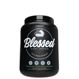 A black plastic tub labeled 'Blessed Plant Protein' by EHP Labs, indicating it is a vegan-friendly pure golden pea protein isolate.