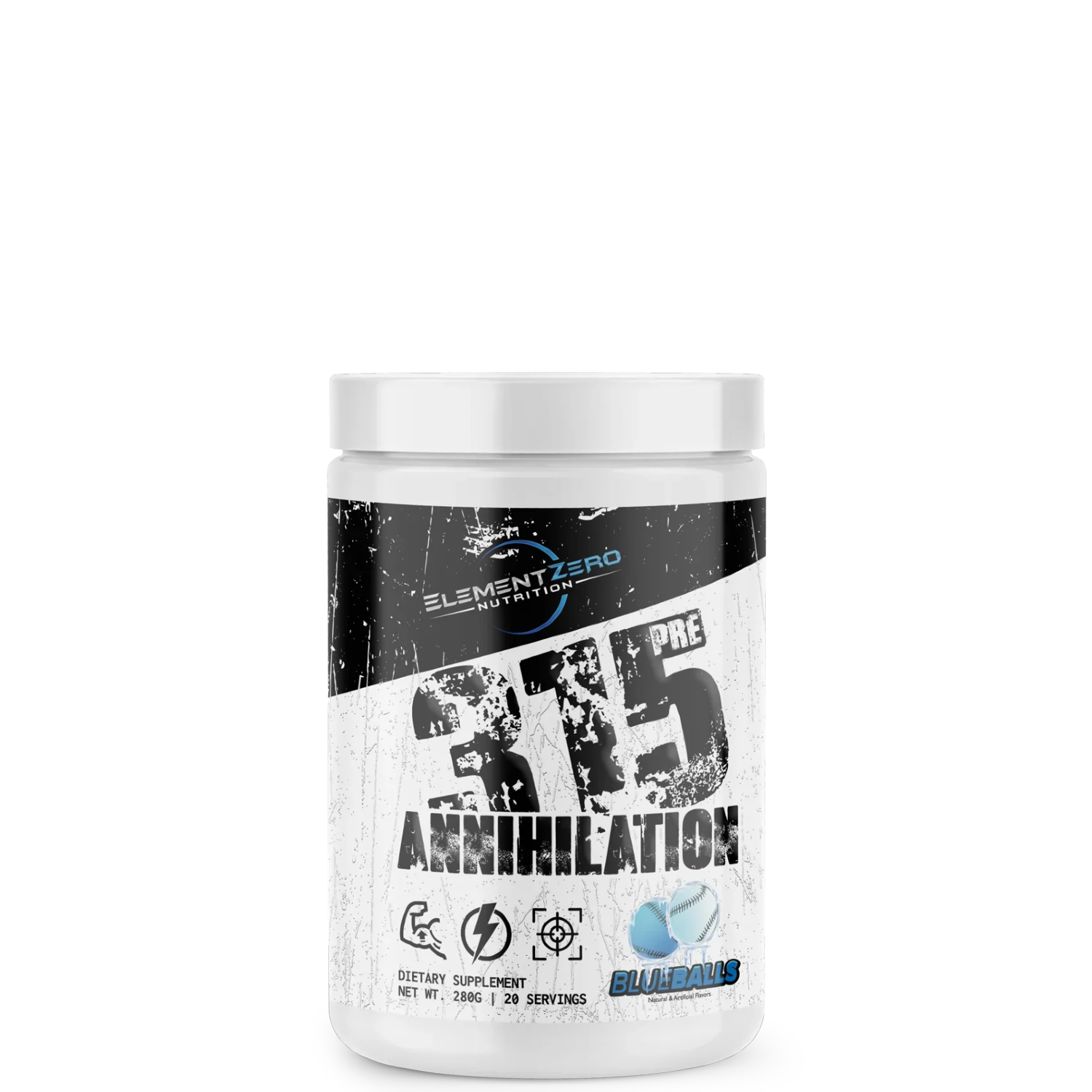 A container of Element Zero 315pre Annihilation, a pre-workout supplement with graphics and text on the label.