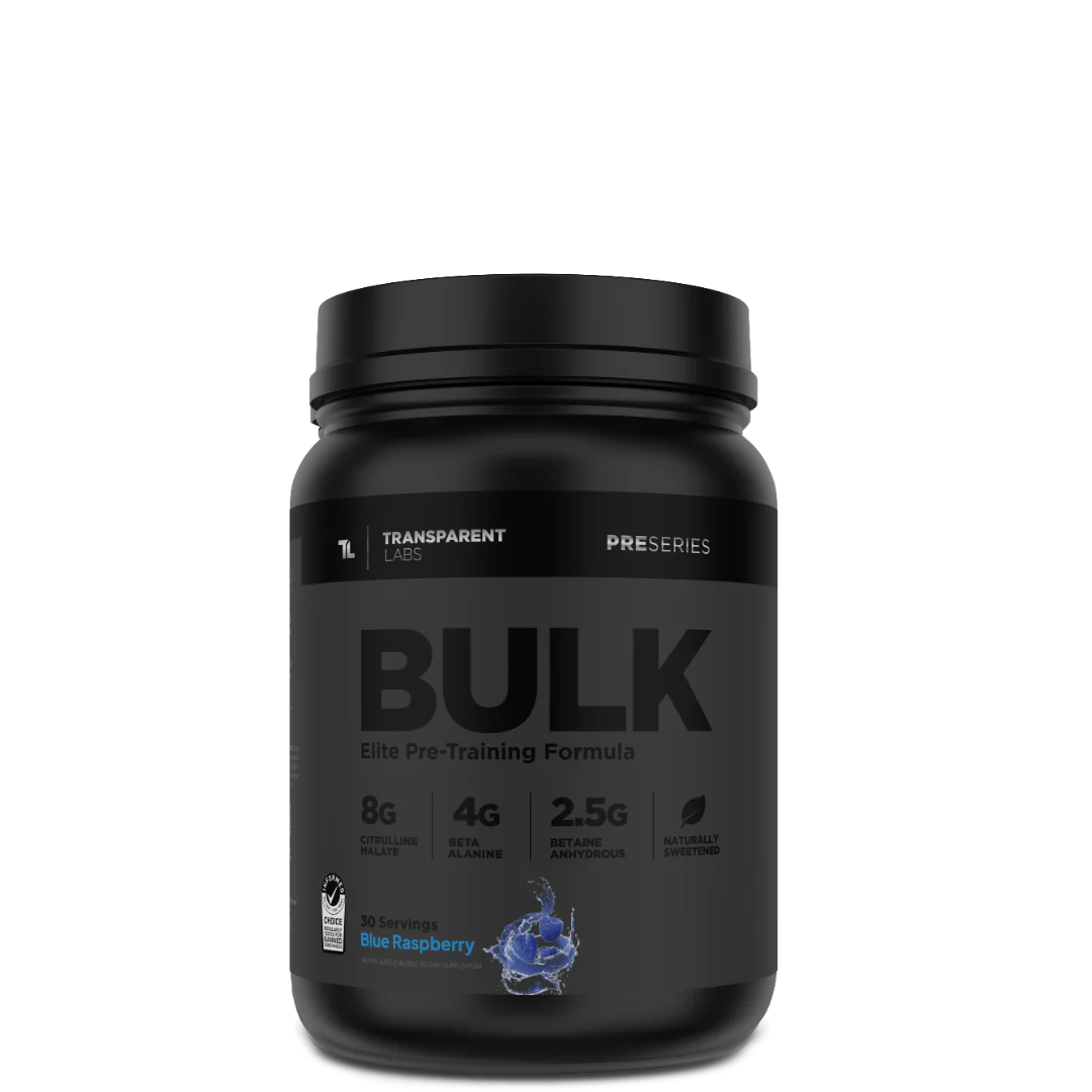 A black container of Transparent Labs Bulk Black pre-workout supplement with a label showing the product name and flavor, along with dietary information and stevia sweetening.
