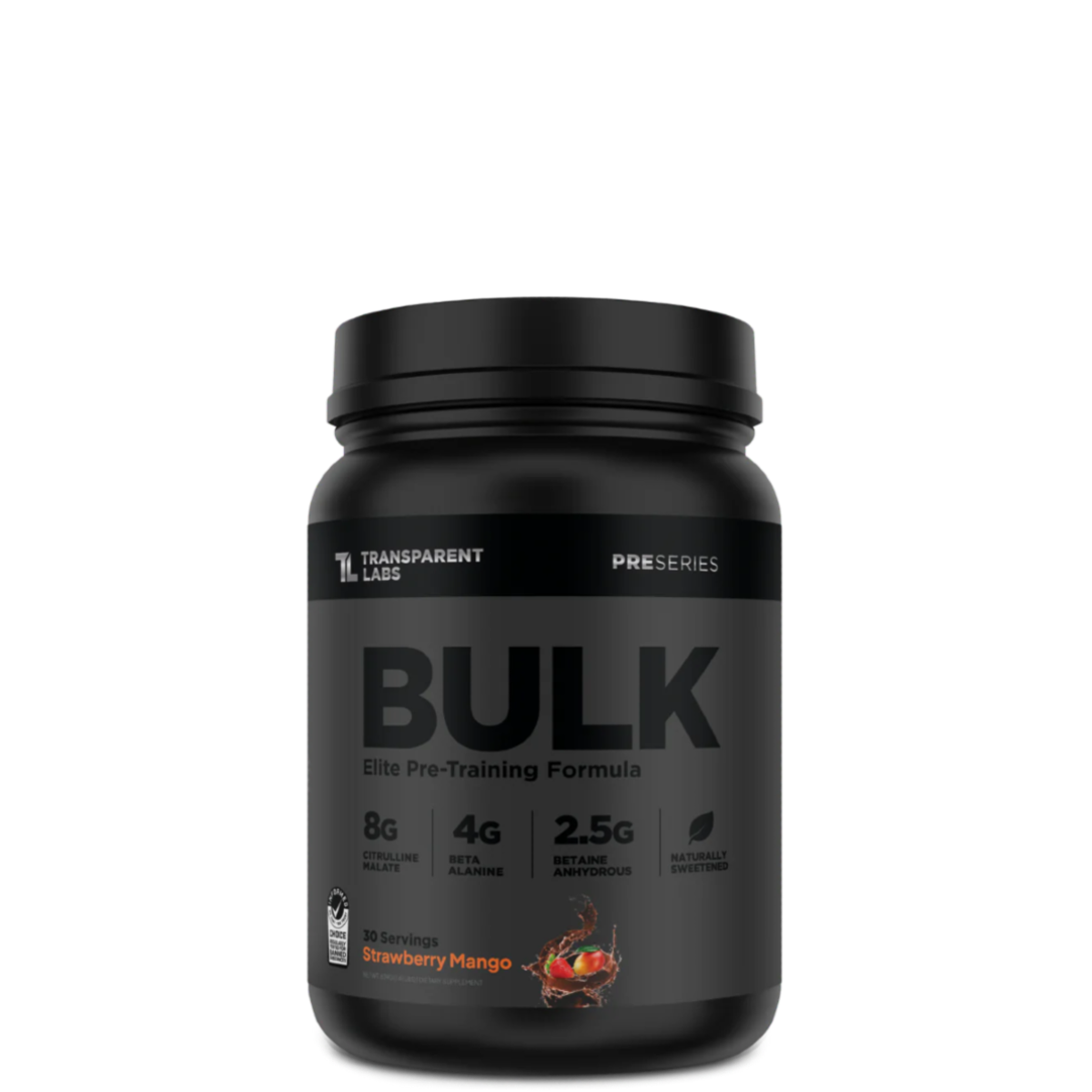 A black container of Transparent Labs Bulk Black pre-workout supplement with a label showing the product name and flavor, along with dietary information and stevia sweetening.
