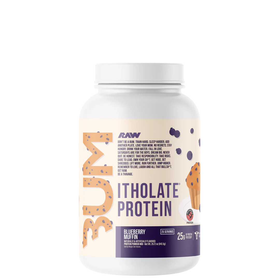 A container of CBUM Itholate Protein powder with a colorful label featuring graphics and text.