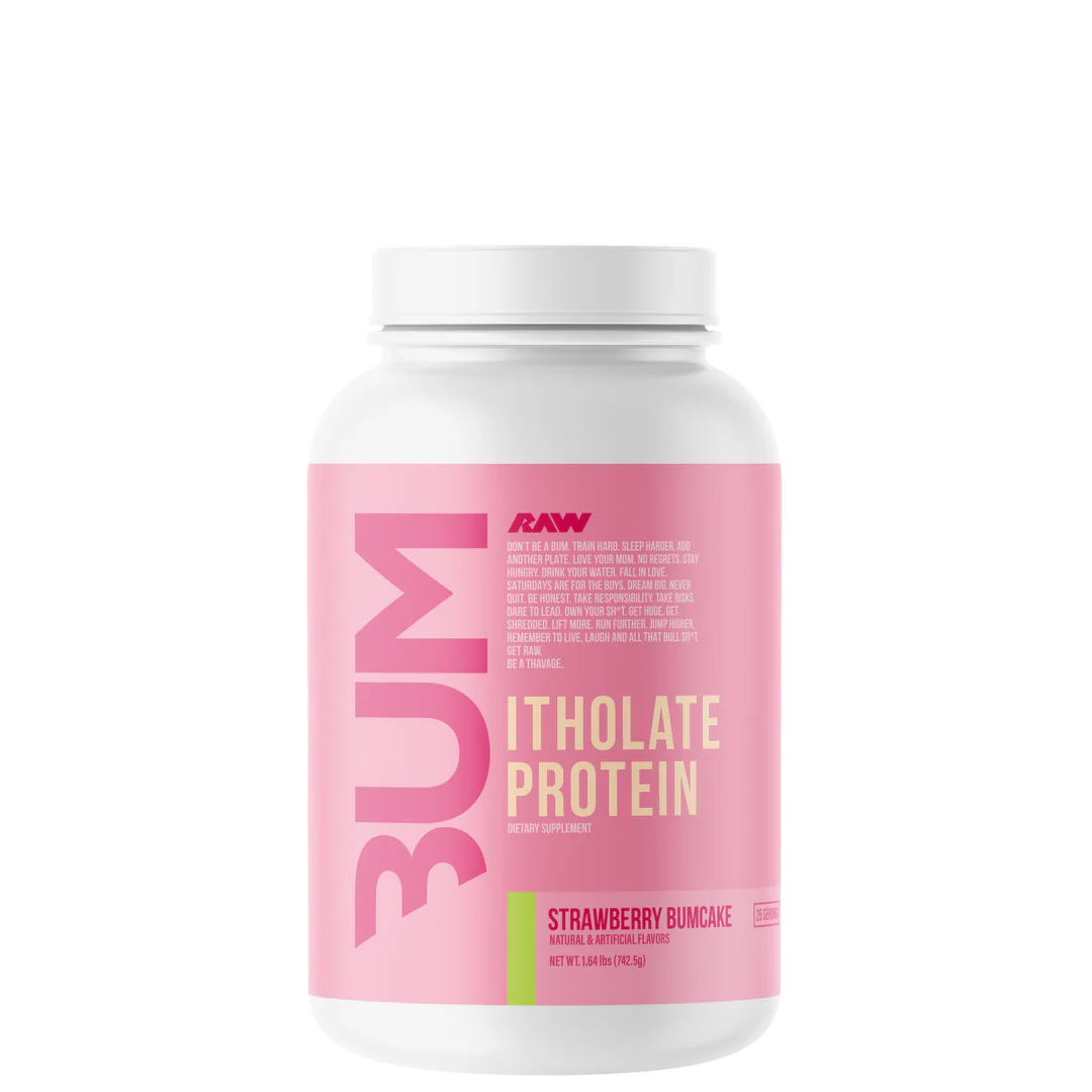 A container of CBUM Itholate Protein powder with a colorful label featuring graphics and text.