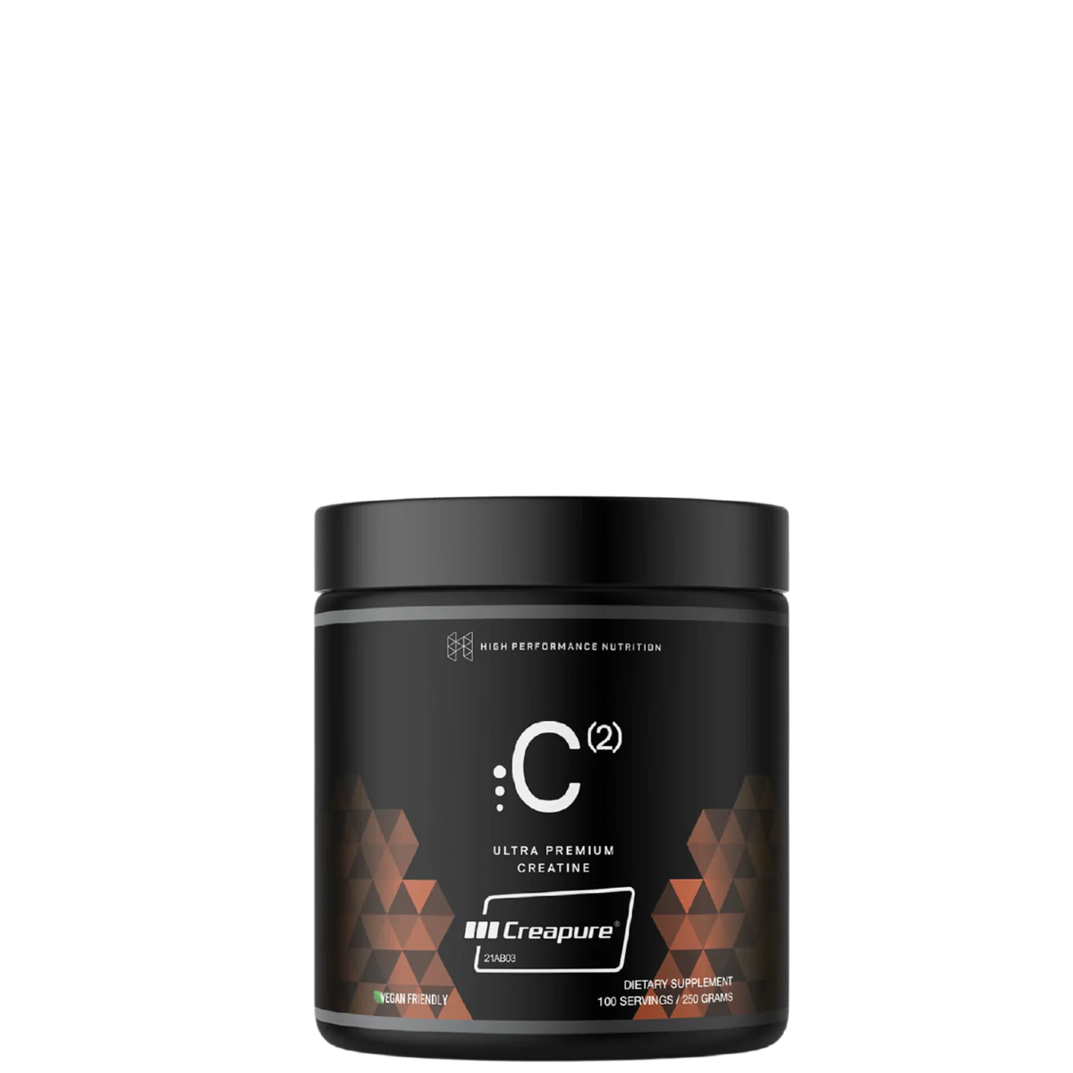 A container of C(2) Ultrapure Premium Creatine by Creapure, with a black and bronze design, indicating it is a high performance nutrition product.