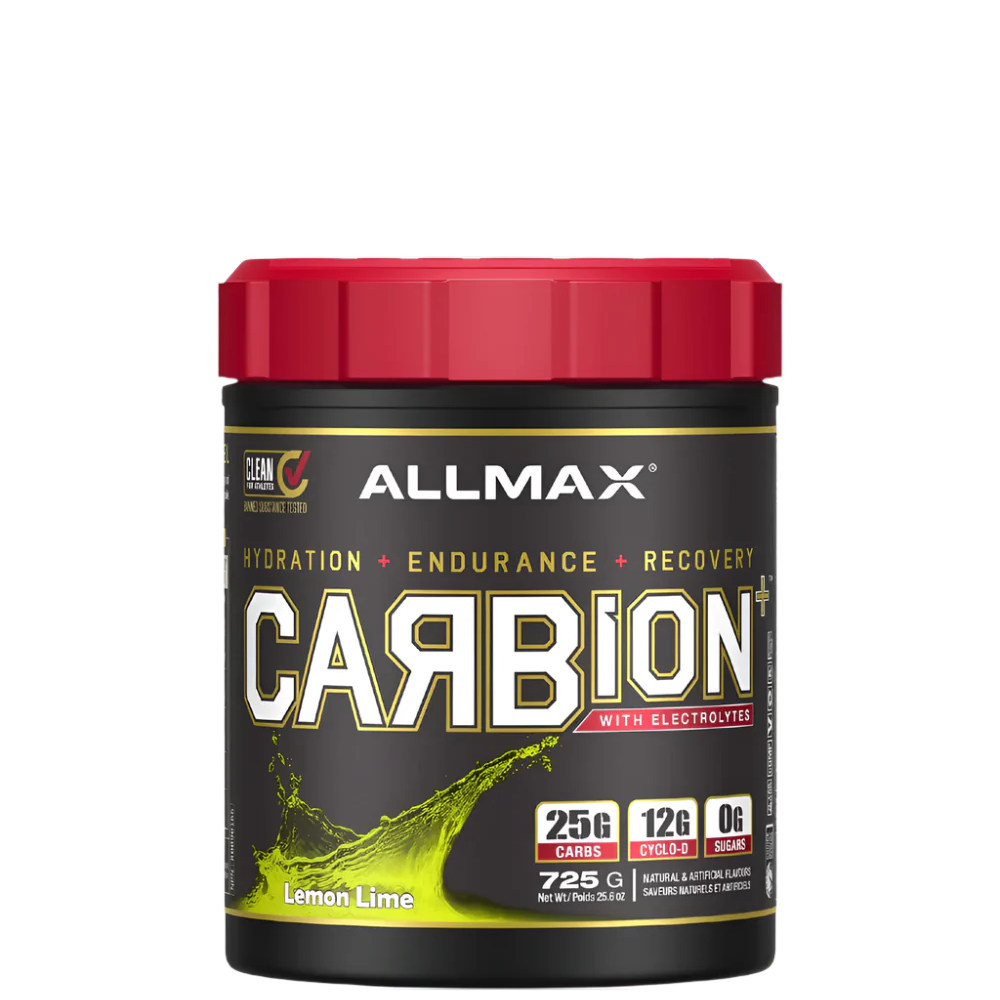 A container of ALLMAX CARBION+ Electrolyte Hydration Drink with the flavor Blue Ice, highlighting its features of hydration, endurance, and recovery.