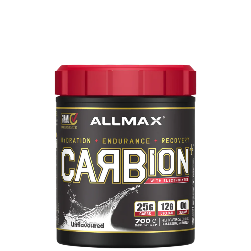 A container of ALLMAX CARBION+ Electrolyte Hydration Drink with the flavor Blue Ice, highlighting its features of hydration, endurance, and recovery.