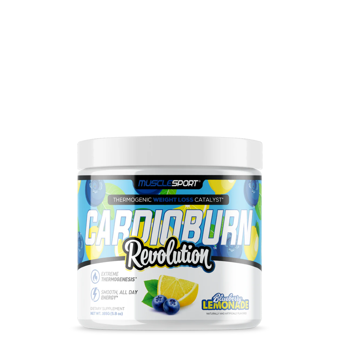 A container of CardioBurn Revolution supplement powder with a lemon and blueberry flavor, designed for fat metabolism during cardio workouts.