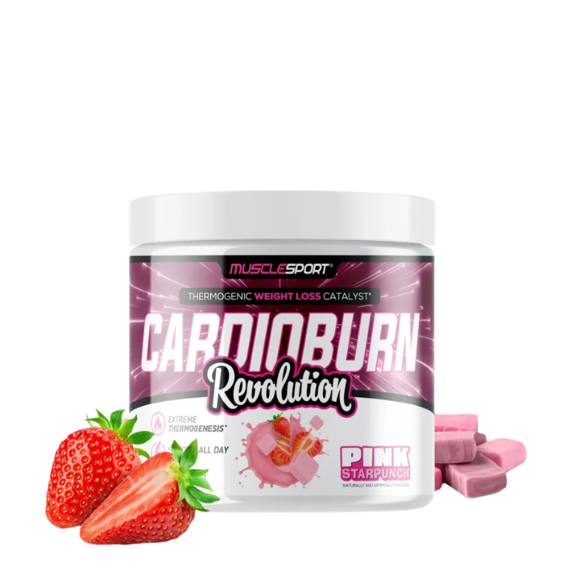 A container of CardioBurn Revolution supplement powder with a lemon and blueberry flavor, designed for fat metabolism during cardio workouts.