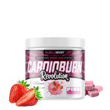A container of CardioBurn Revolution supplement powder with a lemon and blueberry flavor, designed for fat metabolism during cardio workouts.