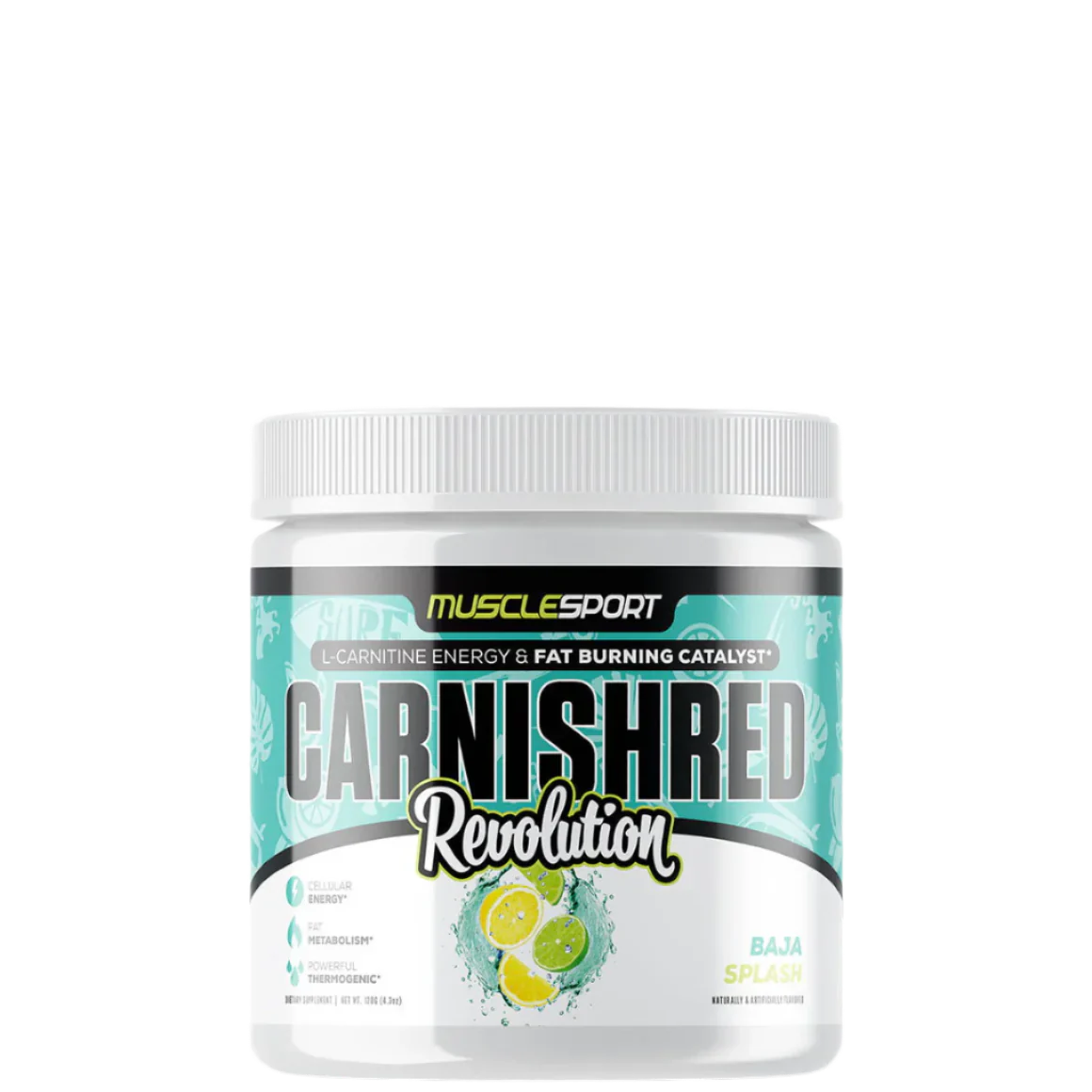 A container of MuscleSport CarniShred Revolution, a non stim fat burner supplement with a white, blue, and green label.