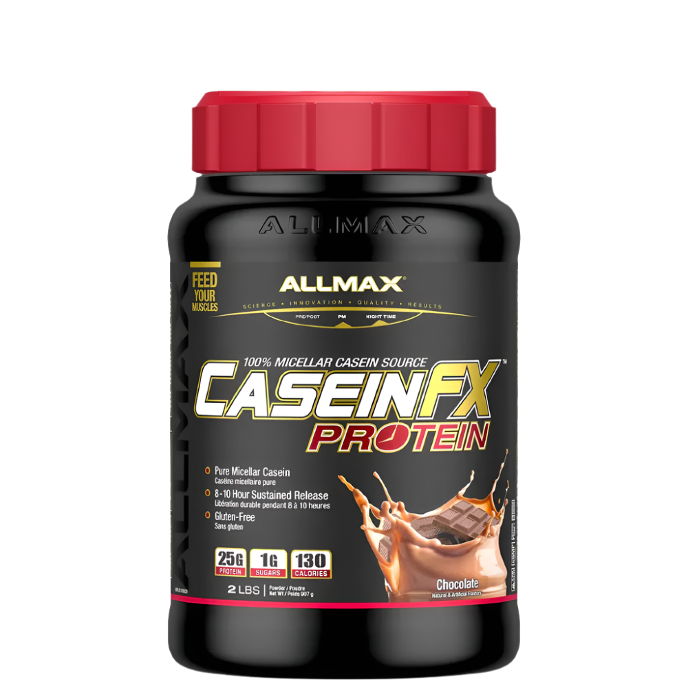 A container of AllMax Casein-FX Protein powder in Chocolate flavor, featuring the product name and an image of a chocolate drink with a spoon.