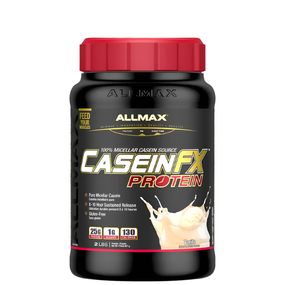 A container of AllMax Casein-FX Protein powder in Chocolate flavor, featuring the product name and an image of a chocolate drink with a spoon.