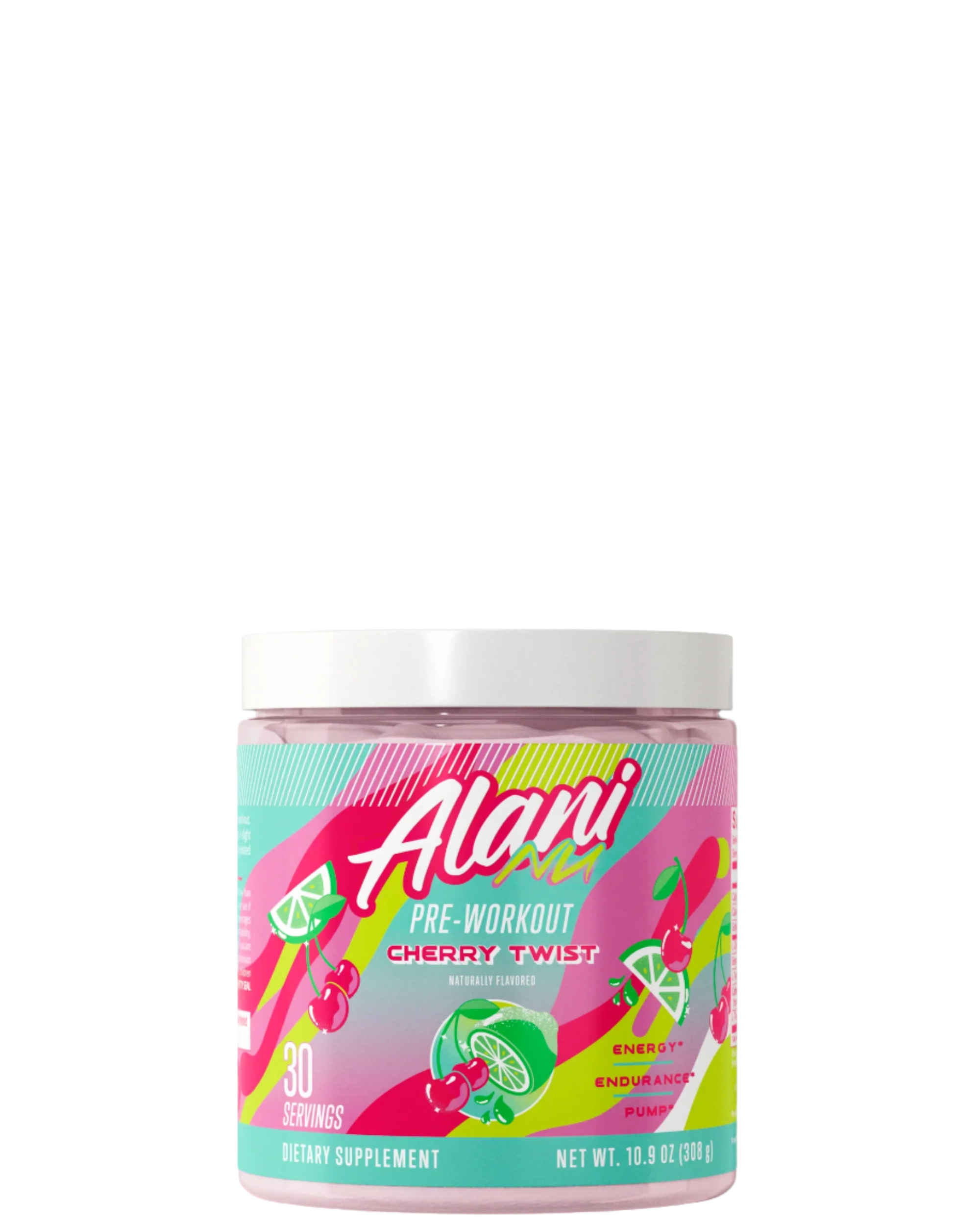A container of Alani Nu Pre-Workout Powder in Galaxy Lemonade flavor, with pink and purple label design featuring lemonade graphics.
