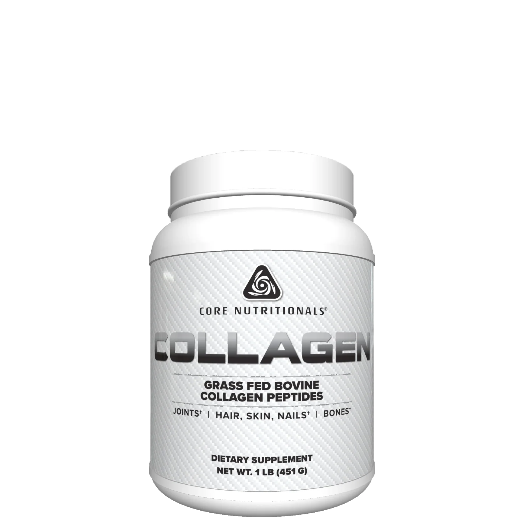 A container of Core Nutritionals Collagen supplements with text indicating it is grass-fed bovine collagen peptides.
