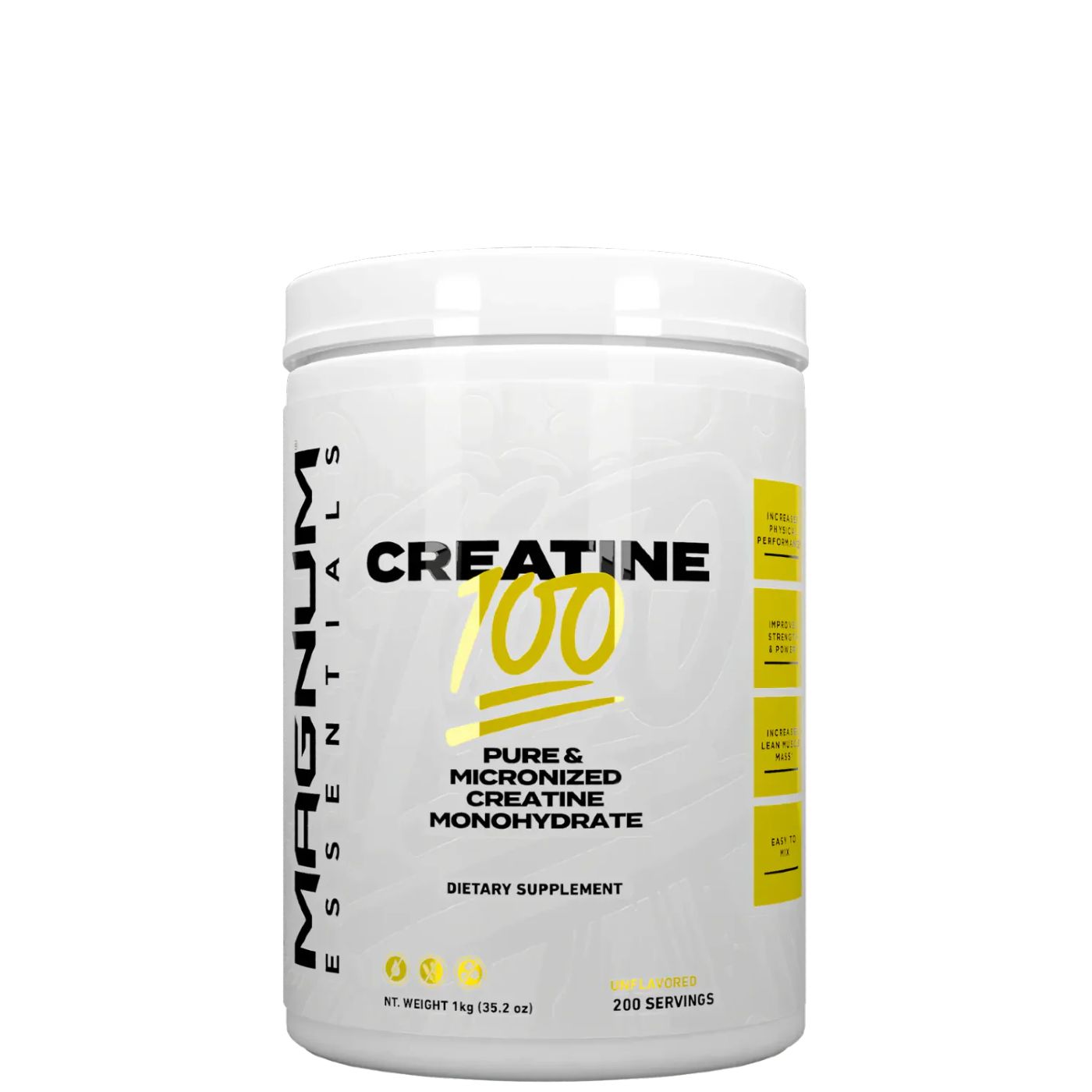 A container of Magnum Essentials Creatine 100, which is pure micronized creatine monohydrate, unflavored, and intended for mixing with a beverage.