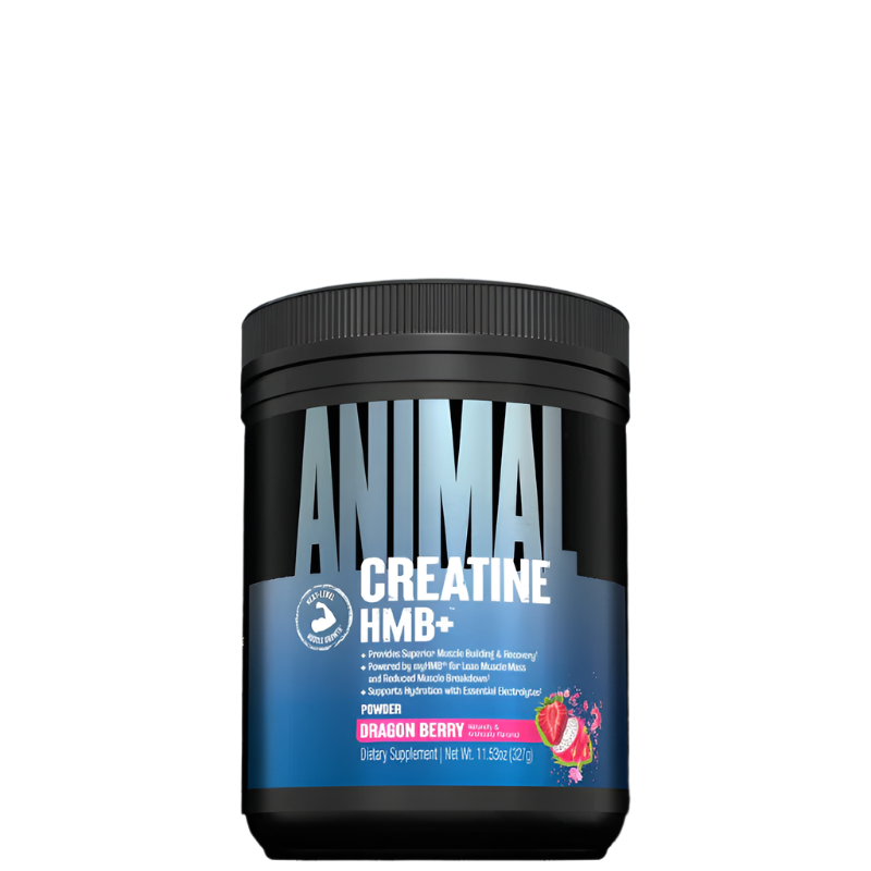 A container of Animal Creatine HMB+ with blue and black color theme and a label showing the product name and flavor, along with scientific symbols and a muscle graphic.