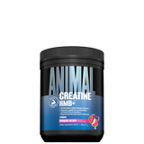A container of Animal Creatine HMB+ with blue and black color theme and a label showing the product name and flavor, along with scientific symbols and a muscle graphic.