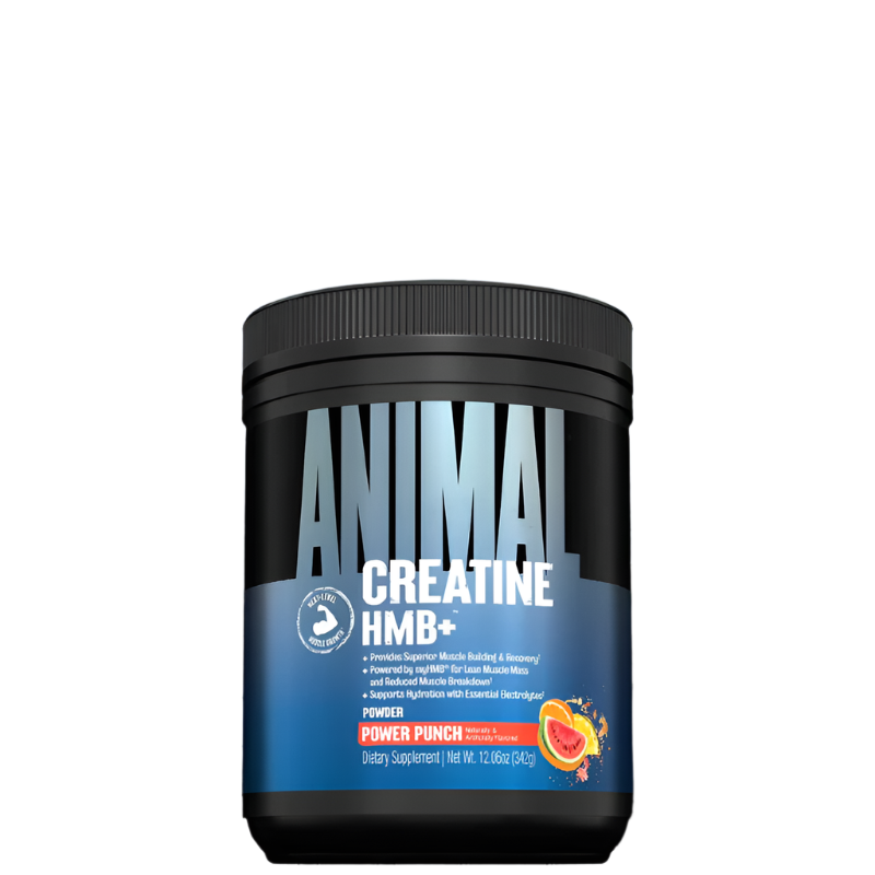 A container of Animal Creatine HMB+ with blue and black color theme and a label showing the product name and flavor, along with scientific symbols and a muscle graphic.