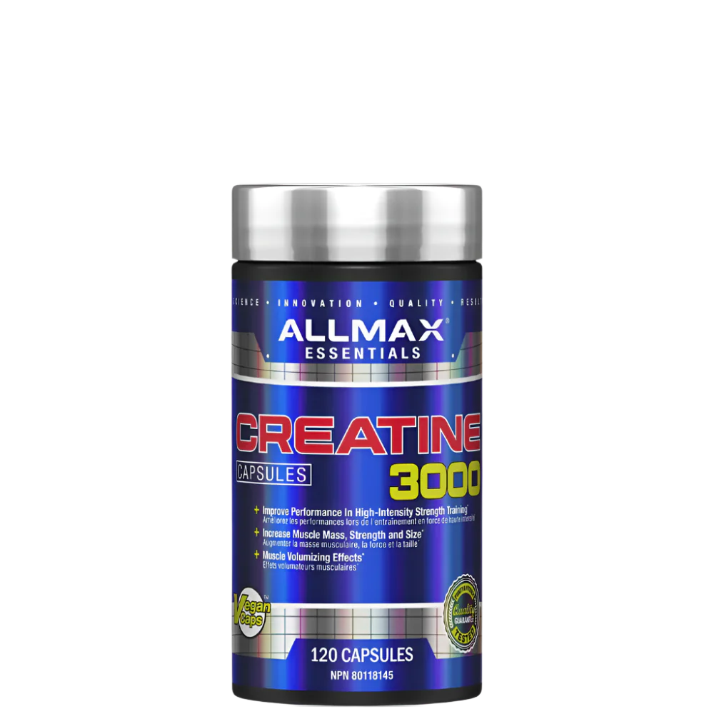 A container of Allmax Creatine 3000 Capsules, which is blue and white with product information and branding.