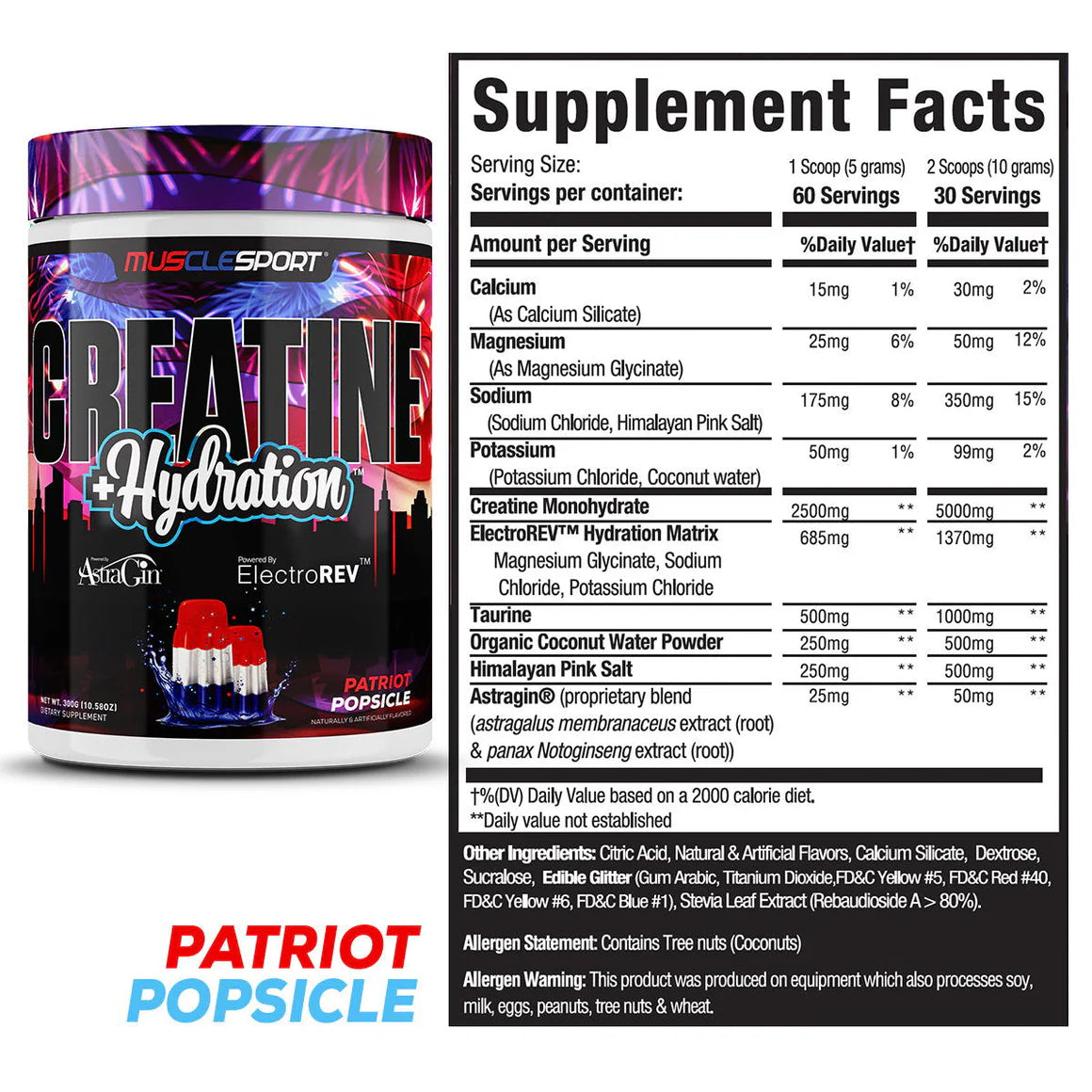 Creatine + Hydration supplement container with watermelon and strawberry design, branded by MuscleSport.