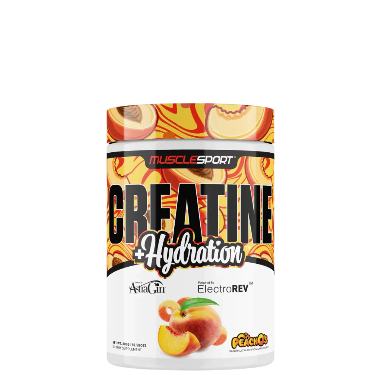 Creatine + Hydration supplement container with watermelon and strawberry design, branded by MuscleSport.