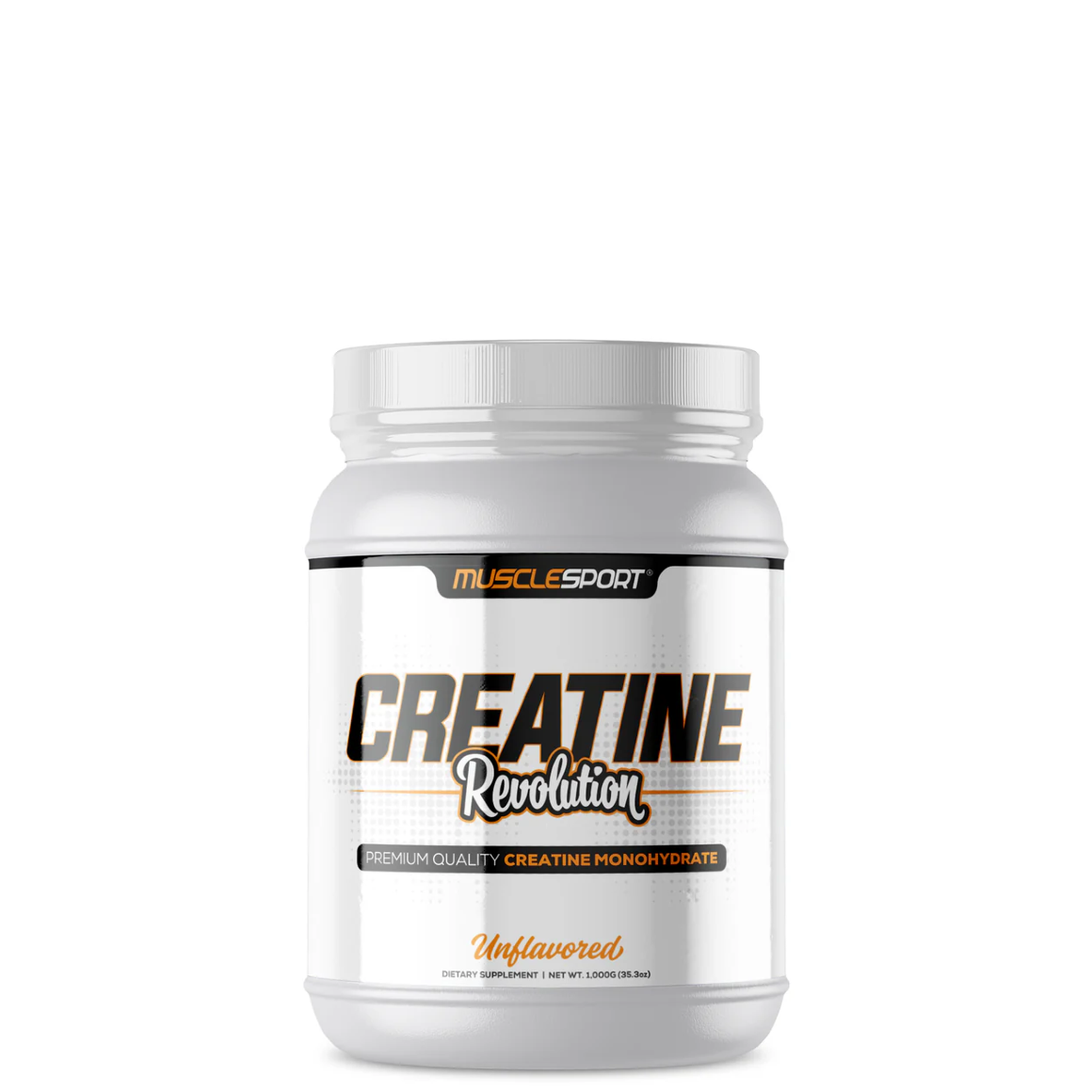 A container of MuscleSport Creatine Monohydrate, unflavored, with a white label and orange accents.