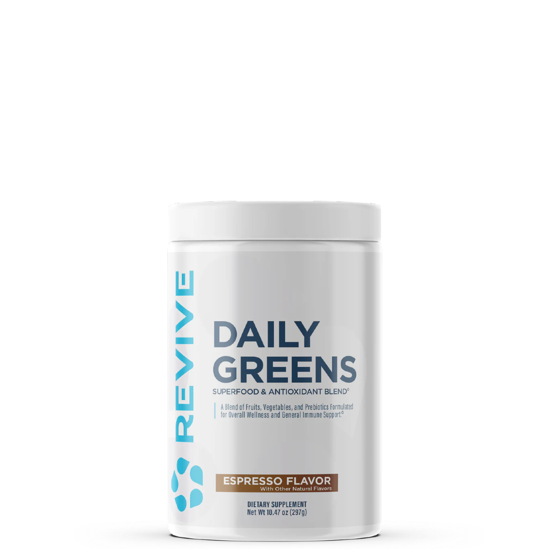 A container of Revive Daily Greens powder with a label indicating 'Espresso Flavor'.