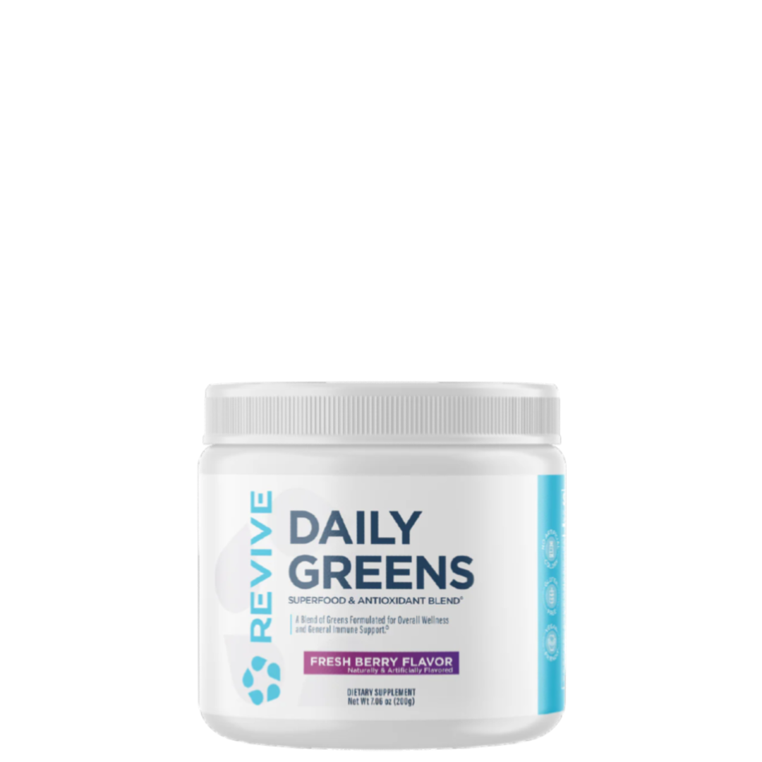 A container of Revive Daily Greens powder with a label indicating 'Fresh Berry Flavor'.