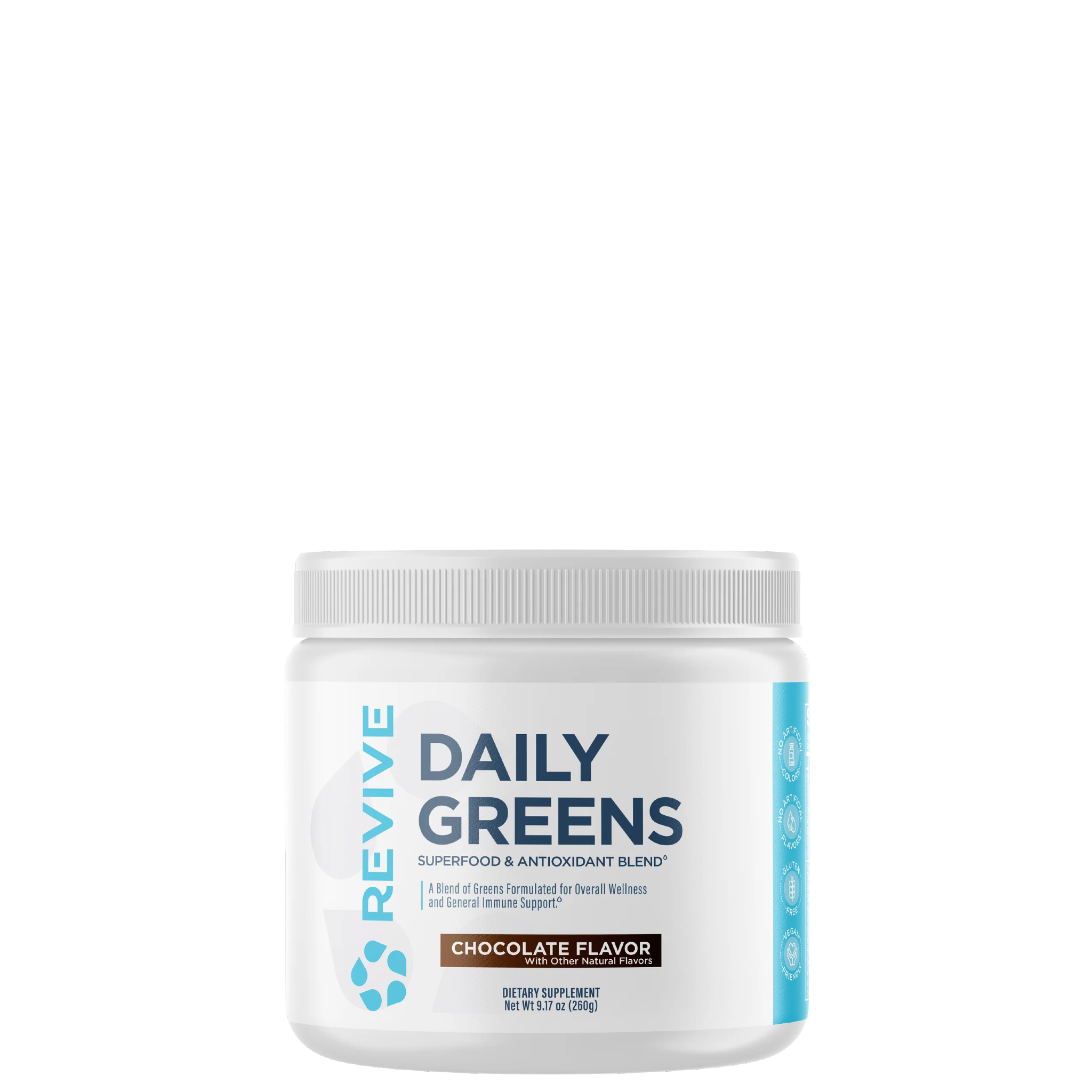 A container of Revive Daily Greens powder with a label indicating 'Chocolate Flavor'.