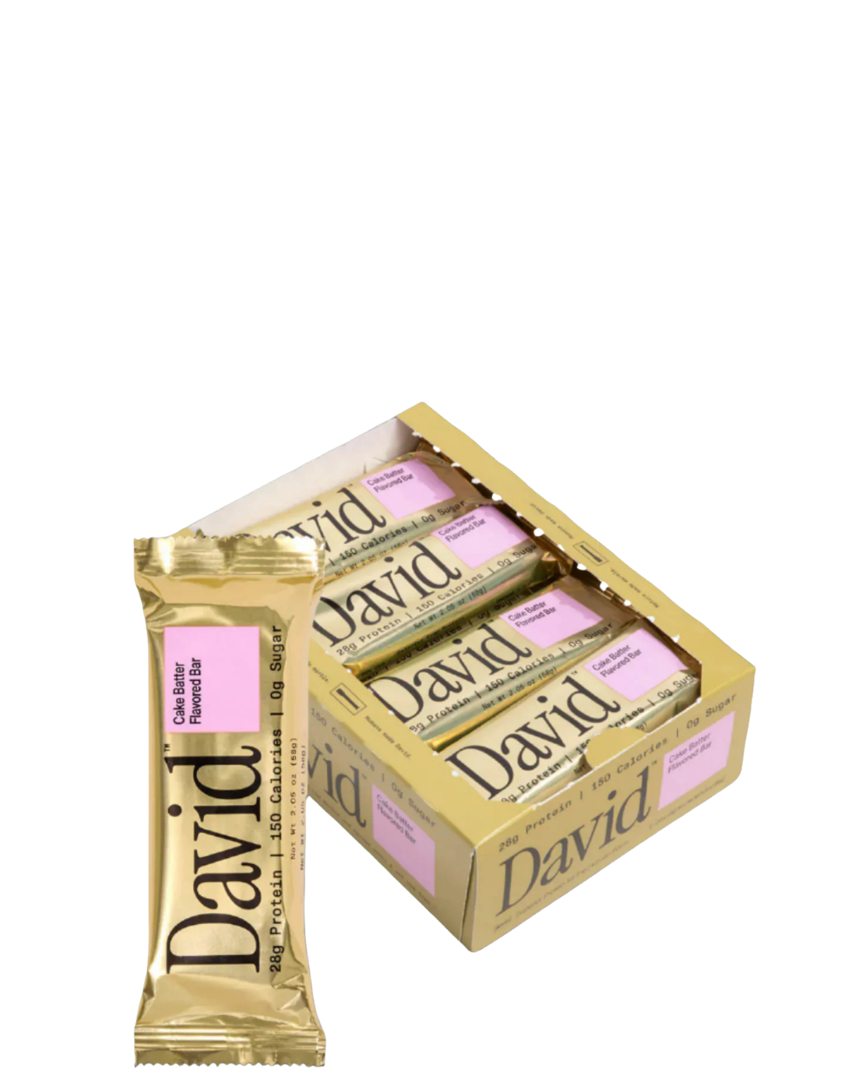 Box of David chocolate bars with a single bar in front on a white background