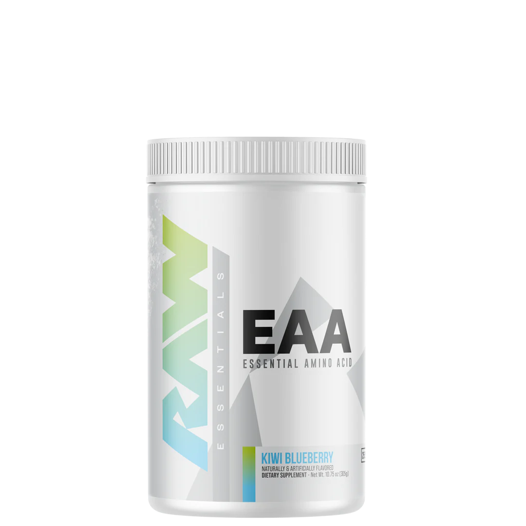 A container of EAA (Essential Amino Acids) supplement powder with watermelon flavor from the brand RAW.