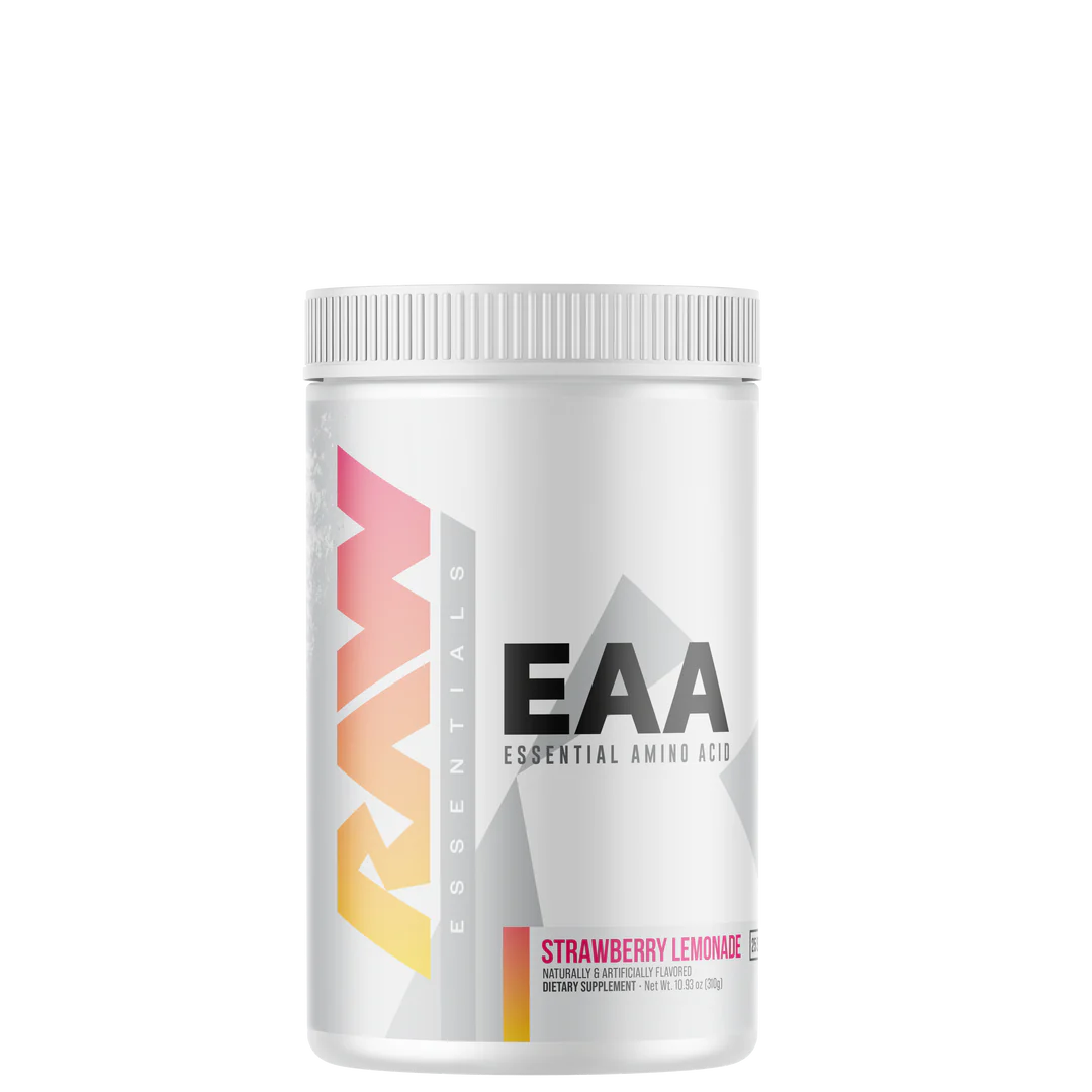 A container of EAA (Essential Amino Acids) supplement powder with watermelon flavor from the brand RAW.