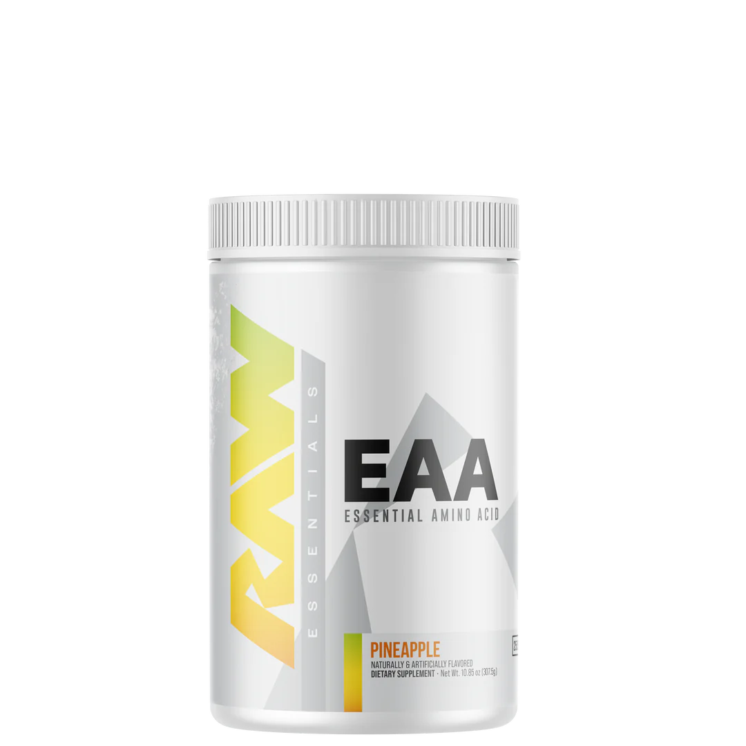 A container of EAA (Essential Amino Acids) supplement powder with watermelon flavor from the brand RAW.