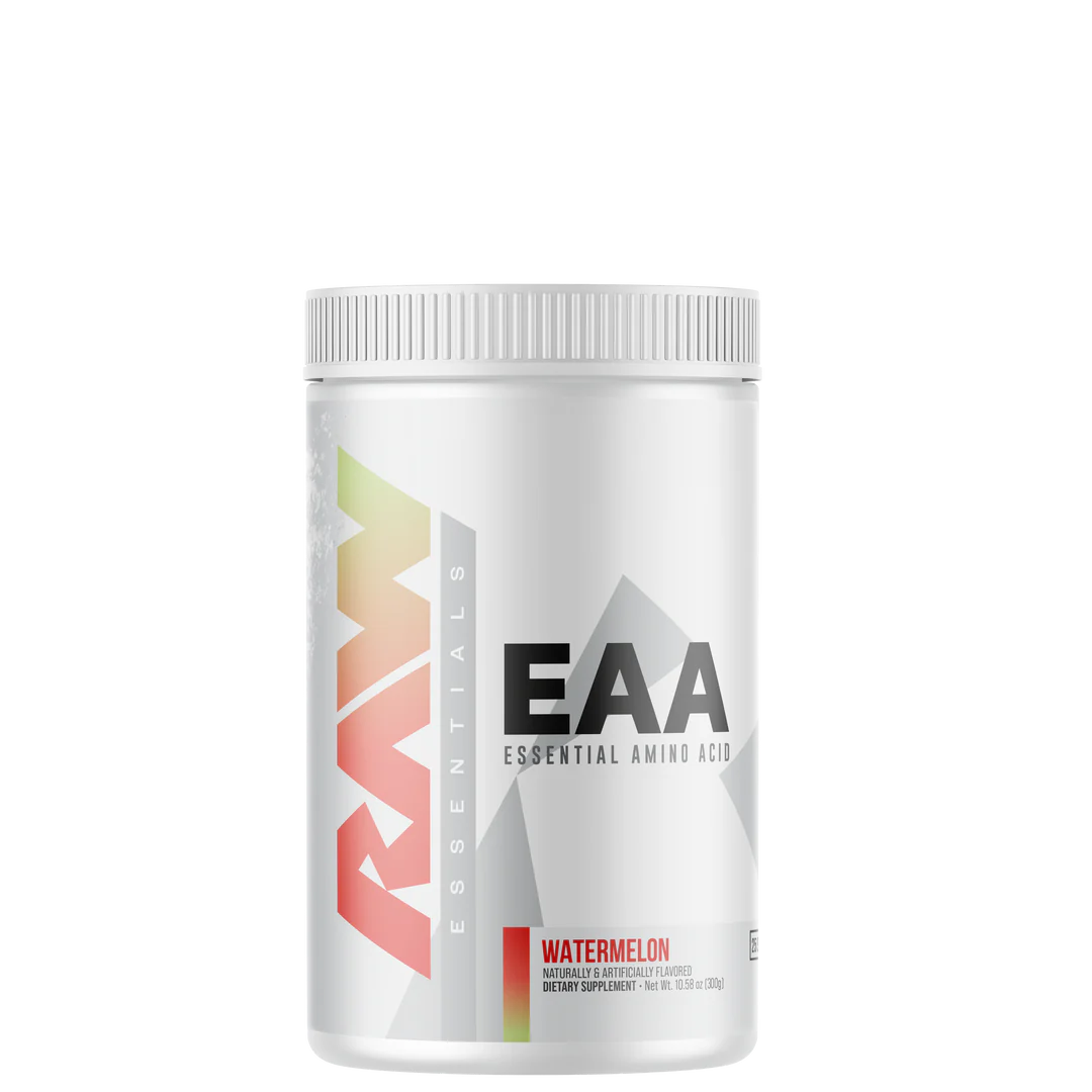 A container of EAA (Essential Amino Acids) supplement powder with watermelon flavor from the brand RAW.