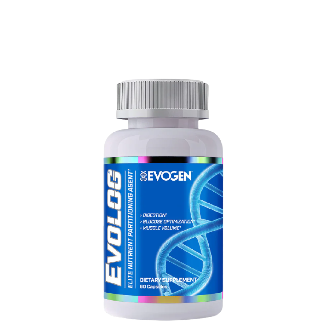 A bottle of Evolog - Cheat Meal Gains dietary supplement with blue label featuring a DNA double helix and product details.