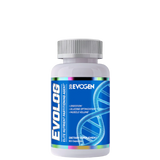 A bottle of Evolog - Cheat Meal Gains dietary supplement with blue label featuring a DNA double helix and product details.