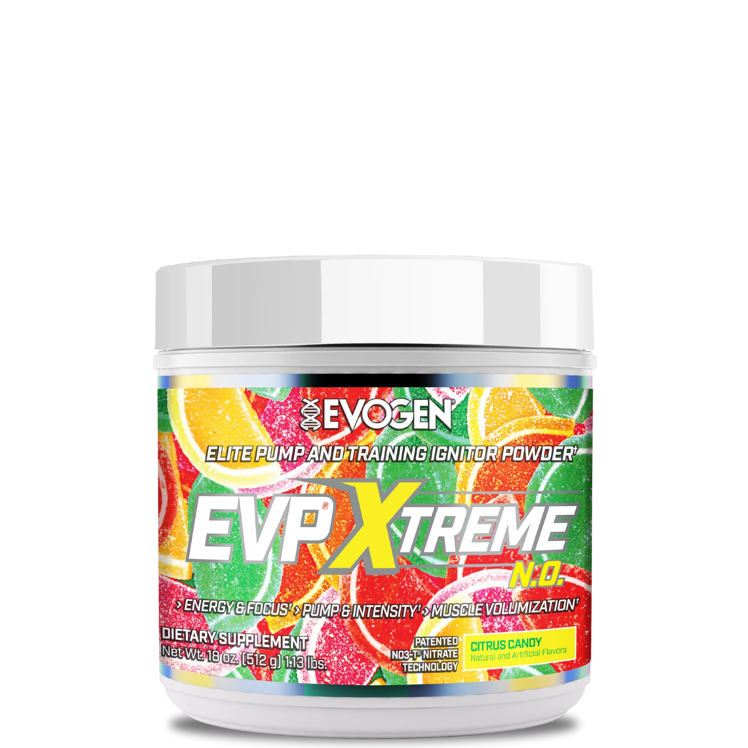 A container of EVP Xtreme N.O. Pre-Workout powder with a colorful label featuring red, yellow, and blue elements.