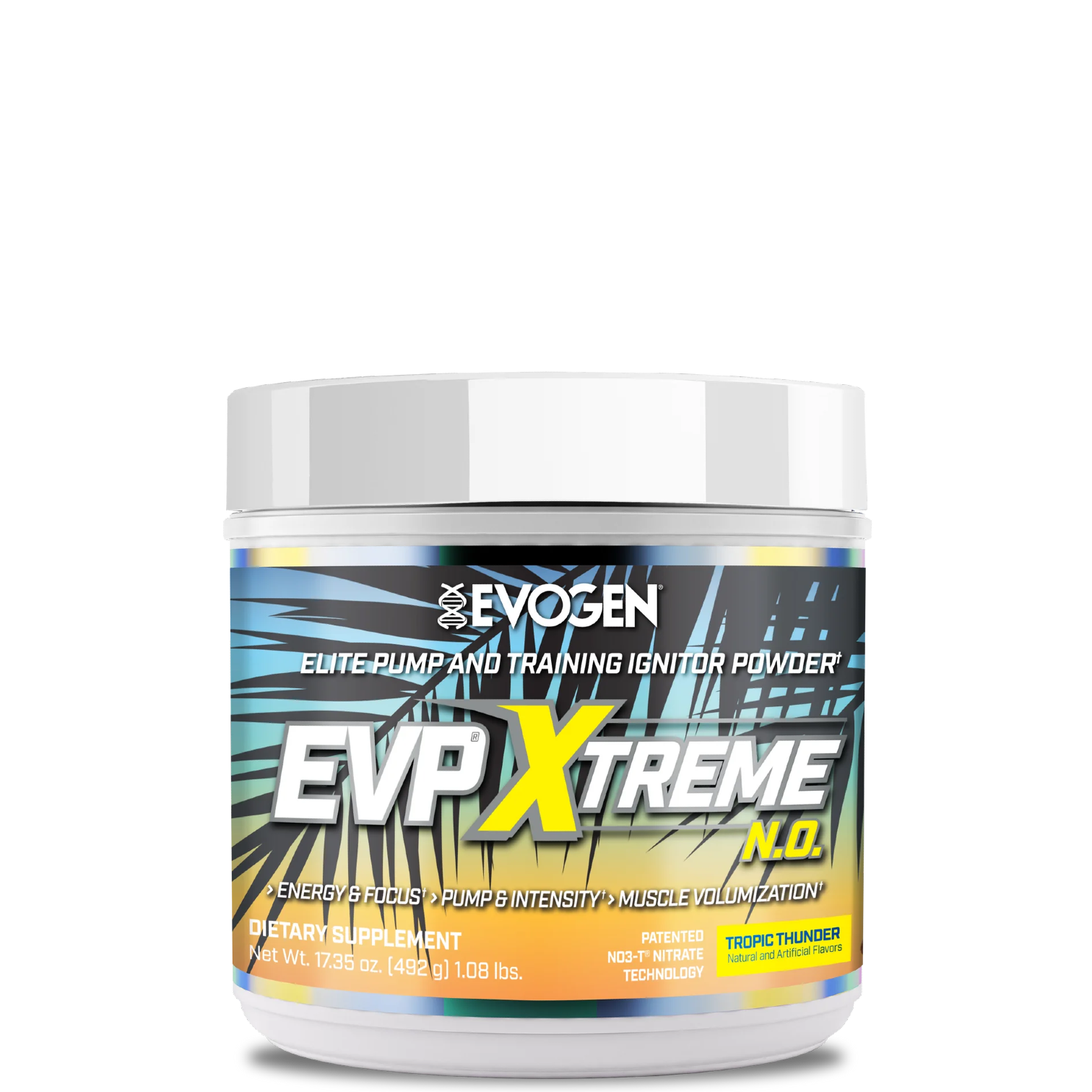 A container of EVP Xtreme N.O. Pre-Workout powder with a colorful label featuring red, yellow, and blue elements.