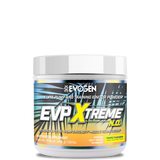 A container of EVP Xtreme N.O. Pre-Workout powder with a colorful label featuring red, yellow, and blue elements.
