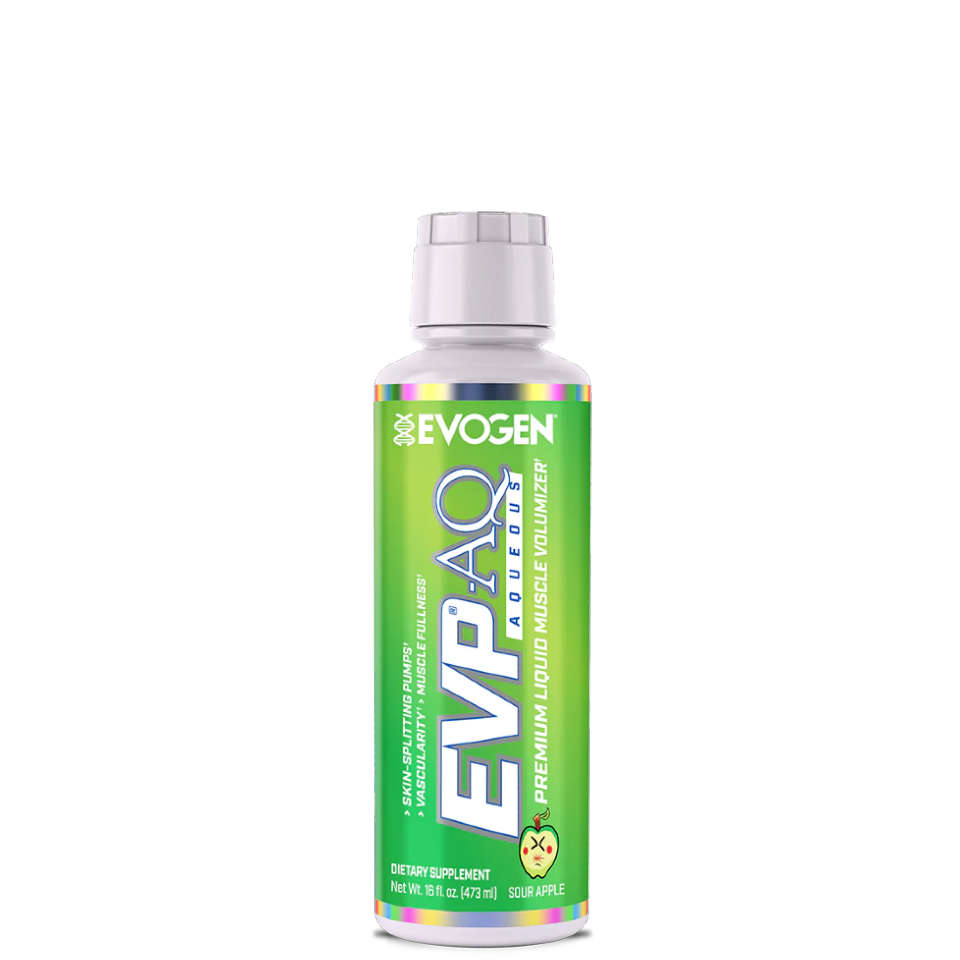 A bottle of EVP AQ Liquid Glycerol by Evogen, primarily designed for hydration in sports nutrition.
