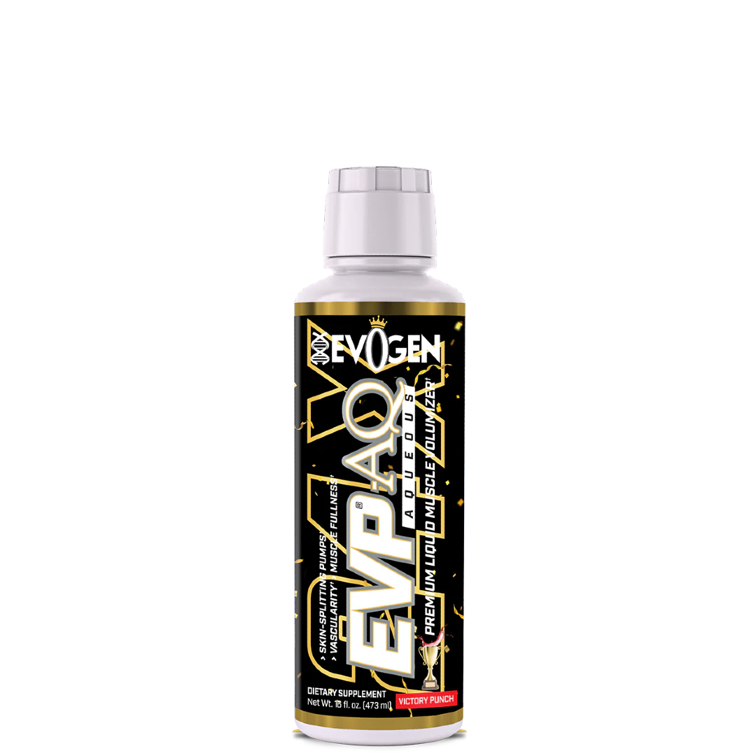 A bottle of EVP AQ Liquid Glycerol by Evogen, primarily designed for hydration in sports nutrition.
