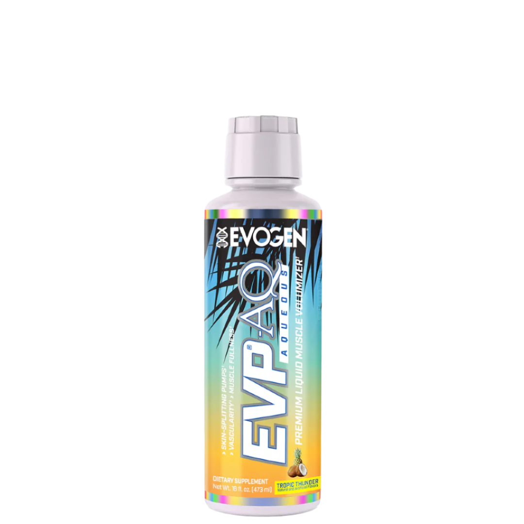A bottle of EVP AQ Liquid Glycerol by Evogen, primarily designed for hydration in sports nutrition.