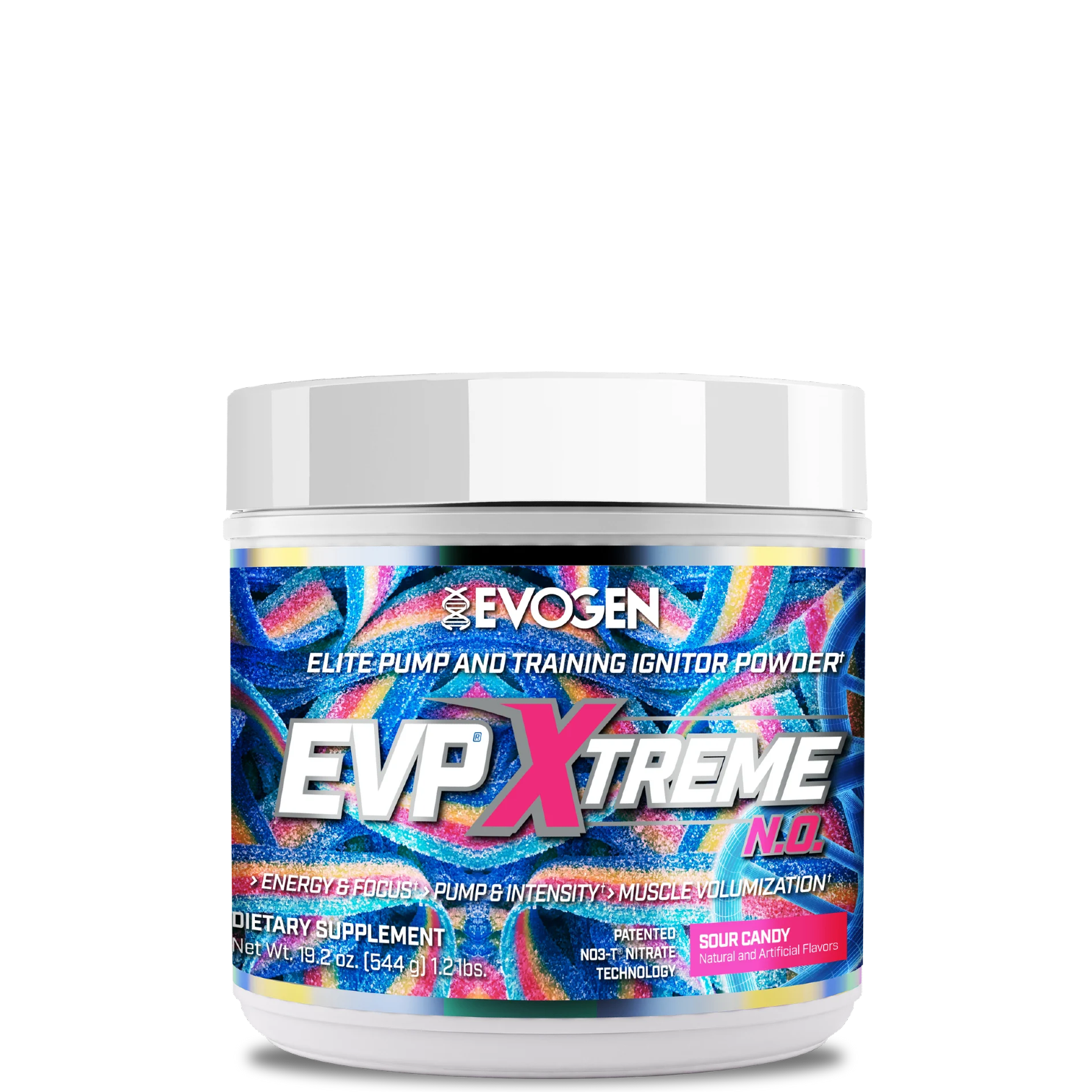 A container of EVP Xtreme N.O. Pre-Workout powder with a colorful label featuring red, yellow, and blue elements.